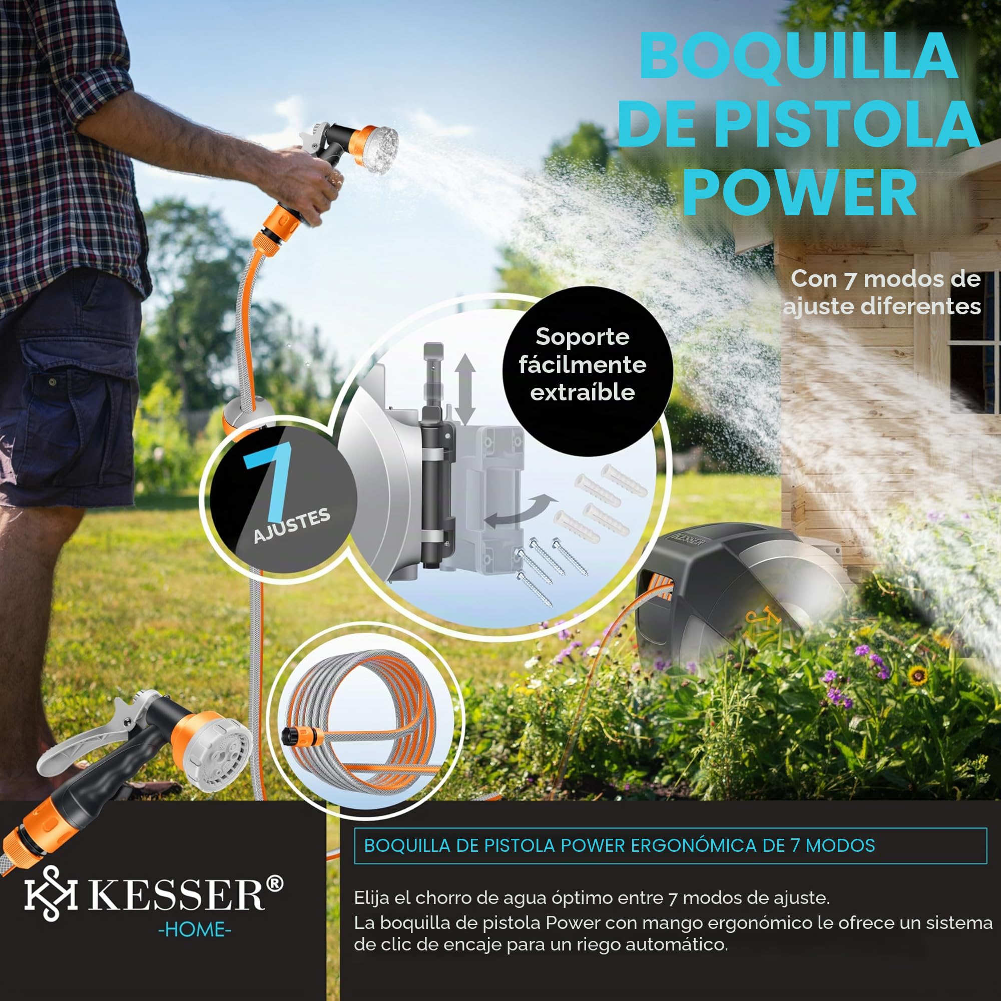 KESSER® Enrollador de Mangueras, Manguera de Jardín, Montaje en Pared, Giro de 180° y Retracción Automática, incl. Teleducha de 7 funciones, 20m - Gris Claro/Gris