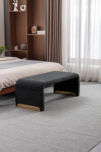 Miniatura 7 de Banco de tela Boucle con reposapiés otomano para dormitorio, banco de zapatos con patas de metal dorado, color negro