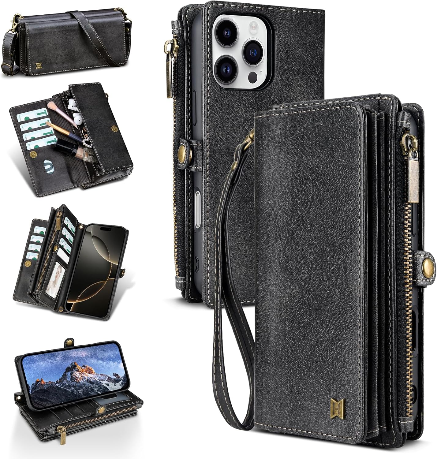for iPhone 15 Pro Max Wallet Phone Case with 8 Card Holder,RFID Blocking | PU Leather | Kickstand | Flip | Wrist Strap&Shoulder Strap | Shockproof | Zipper Wallet | Women Men | 6.7" | Black