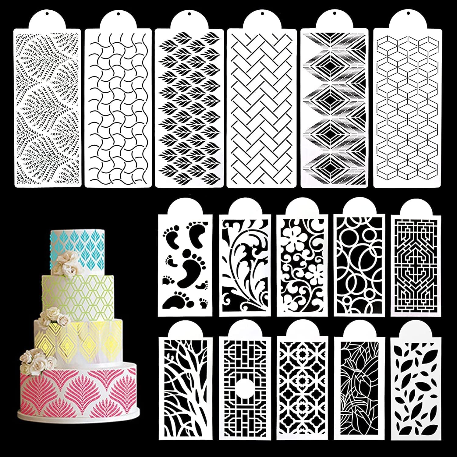 Ivana's 16 PCs Cake Decorating Stencils, Floral Cake Templates, Cake Printing Fine Hollow Lace Cookie Fondant Dessert Decorating Molds, Side Baking Stencil Tool for Cake Decorations