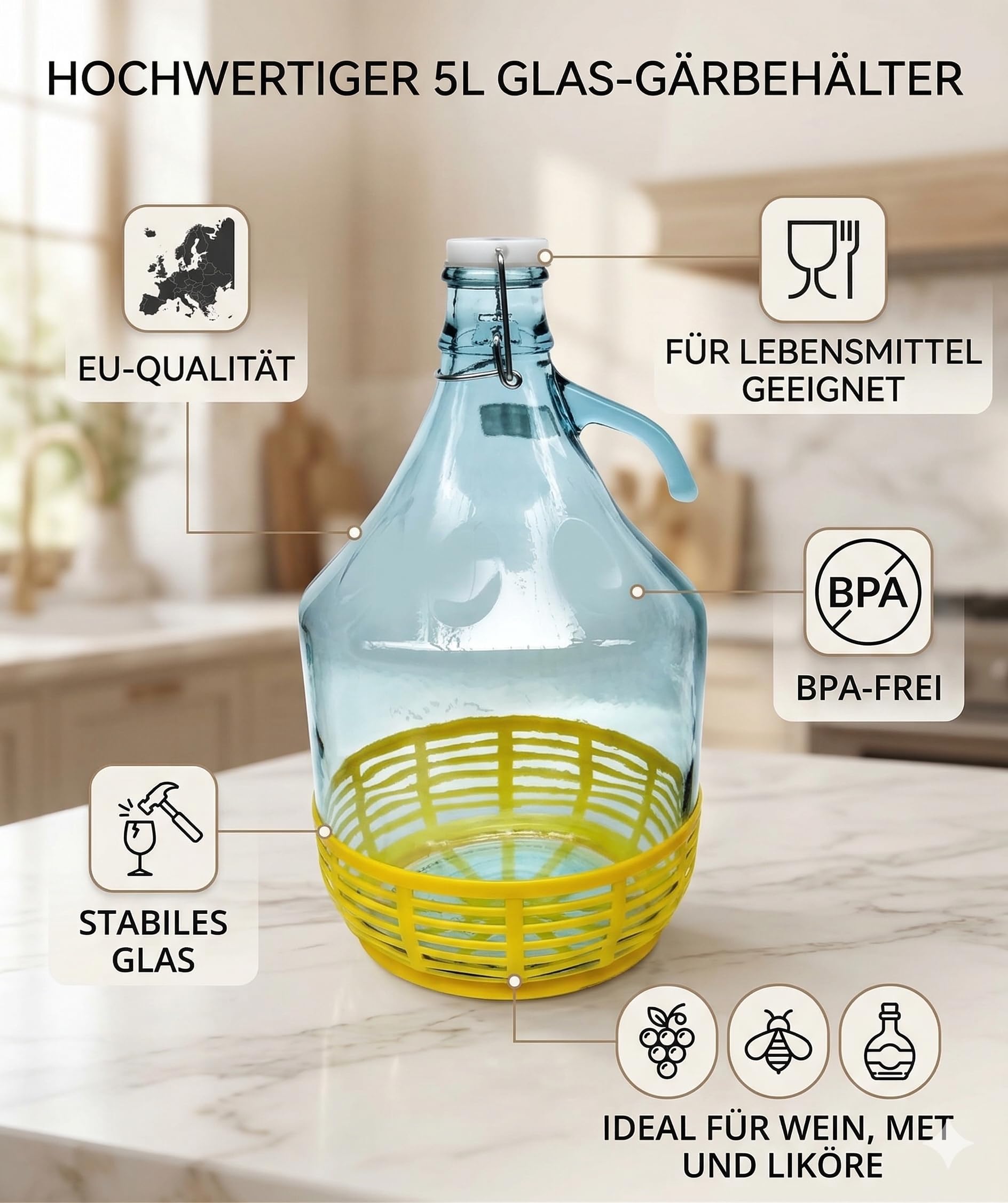 6 STÜCK 5L Gärballon mit Bügelverschluss und Kunststoffkorb Glasflasche