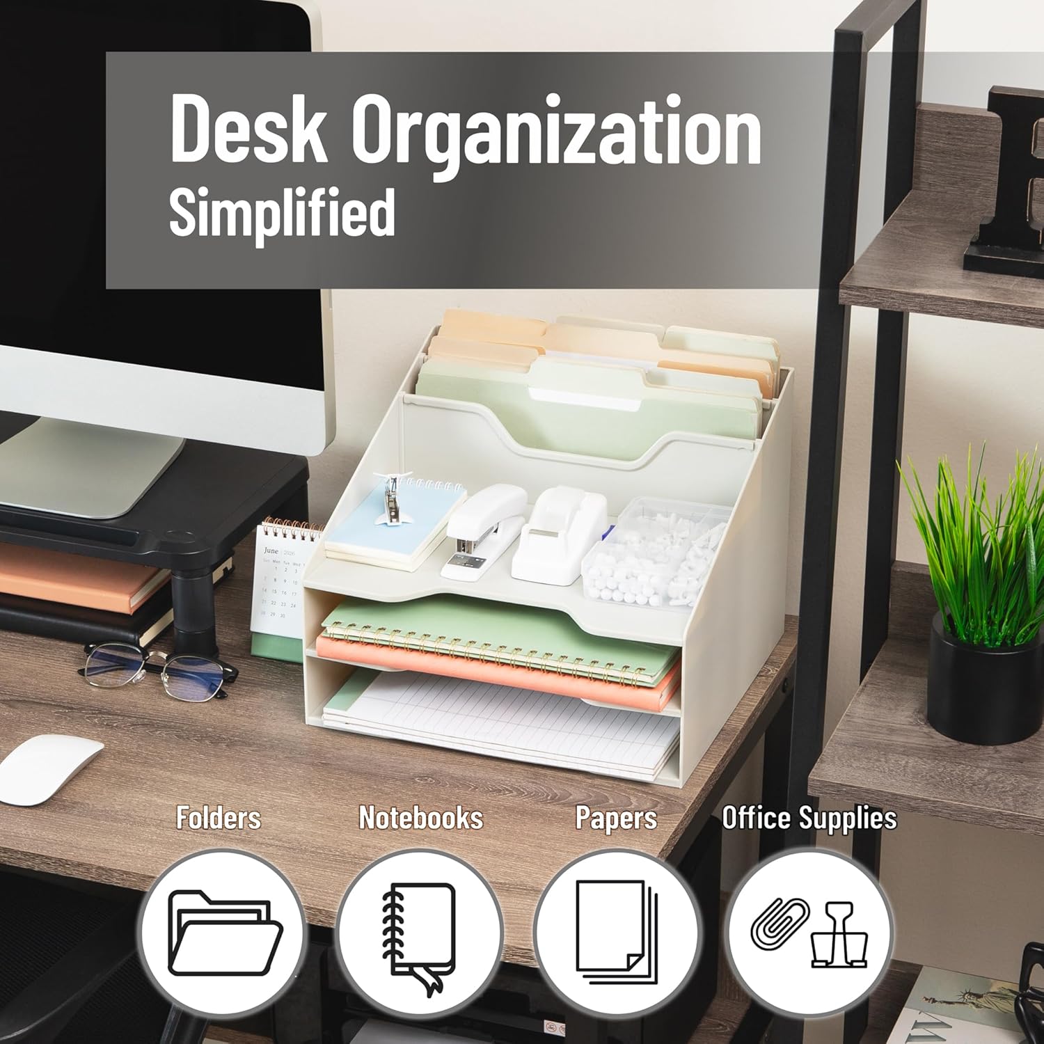 Mind Reader Desktop Organizer, Vertical File Holder, Paper Trays, Office, Plastic, Beige