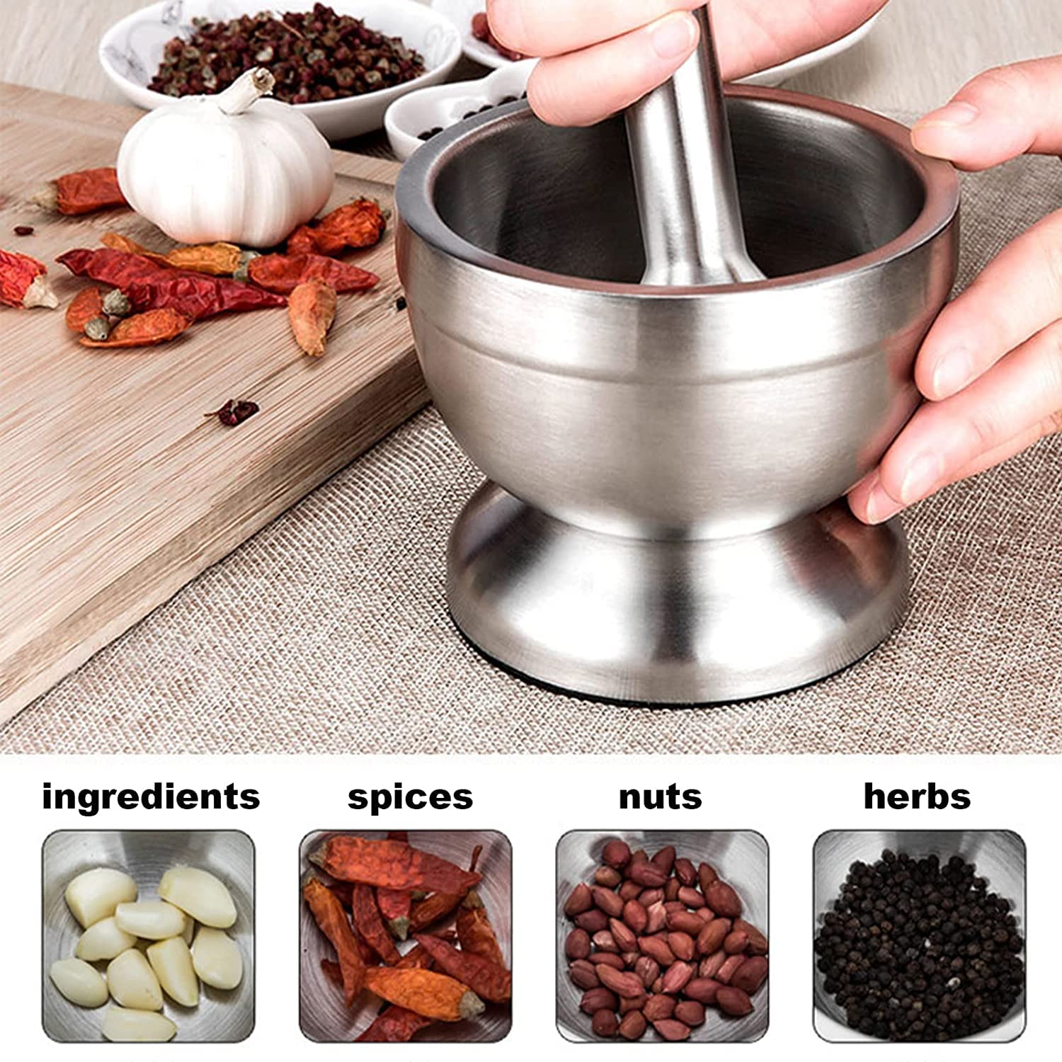 Brushed Stainless Steel Mortar And Pestle - Spice Grinder & Pill Crusher With Non-Slip Base - View #13