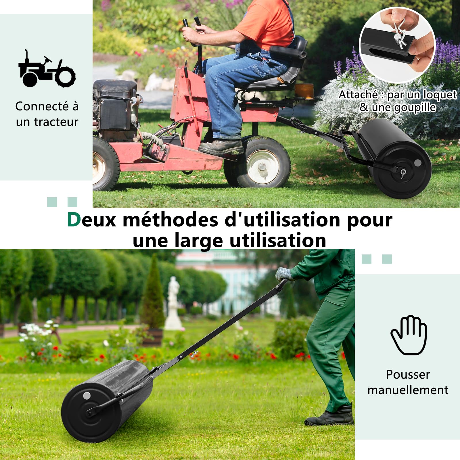 RELAX4LIFE Rouleau à Gazon en Fer avec Réservoire pour Jardin, Volume de Remplissage de Sable ou l’Eau : 113 L, φ40cm, Largeur 99 CM, Hauteur : 146 CM (113L-Noir)