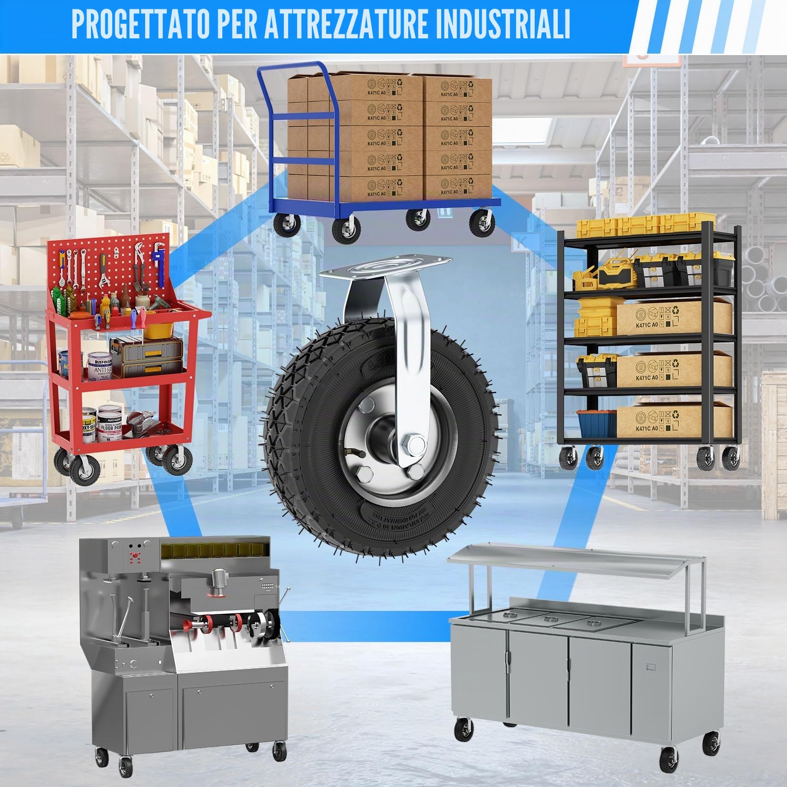 4Pcs Ruote per Carichi Pesanti Ø250mm - 2 Ruote Fisse + 2 Girevoli - Capacità 250kg - Rotelle Industriali per Carrelli, Trasporto Mobili e Uso Pesante