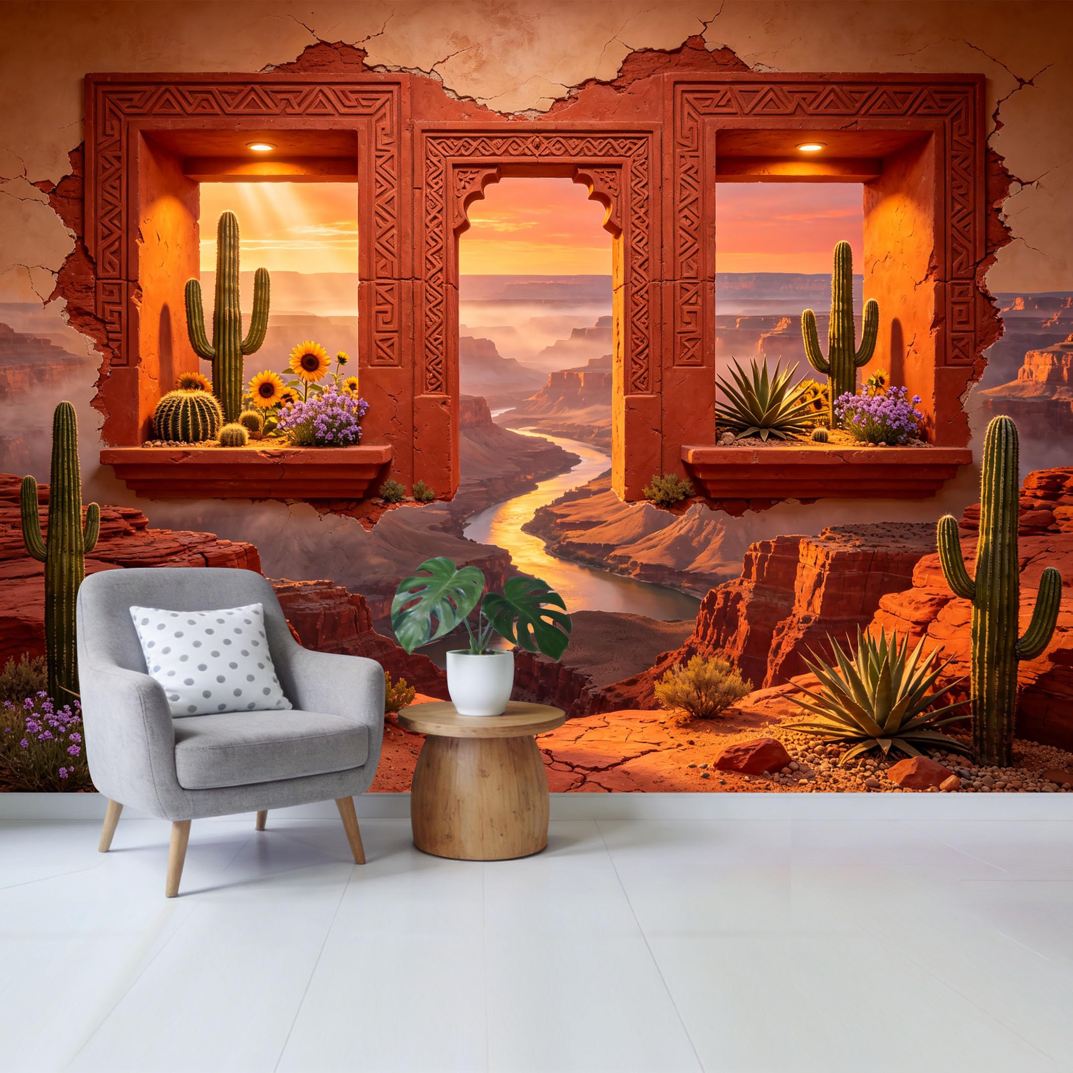 Removable Self Adhesive Fabric Mural， Custom Size Wall Covering Desert Canyon Sunset View with Saguaro Cactus Botanical Scenery， UV Protected Waterproof Washable Wall Decor for Living Room