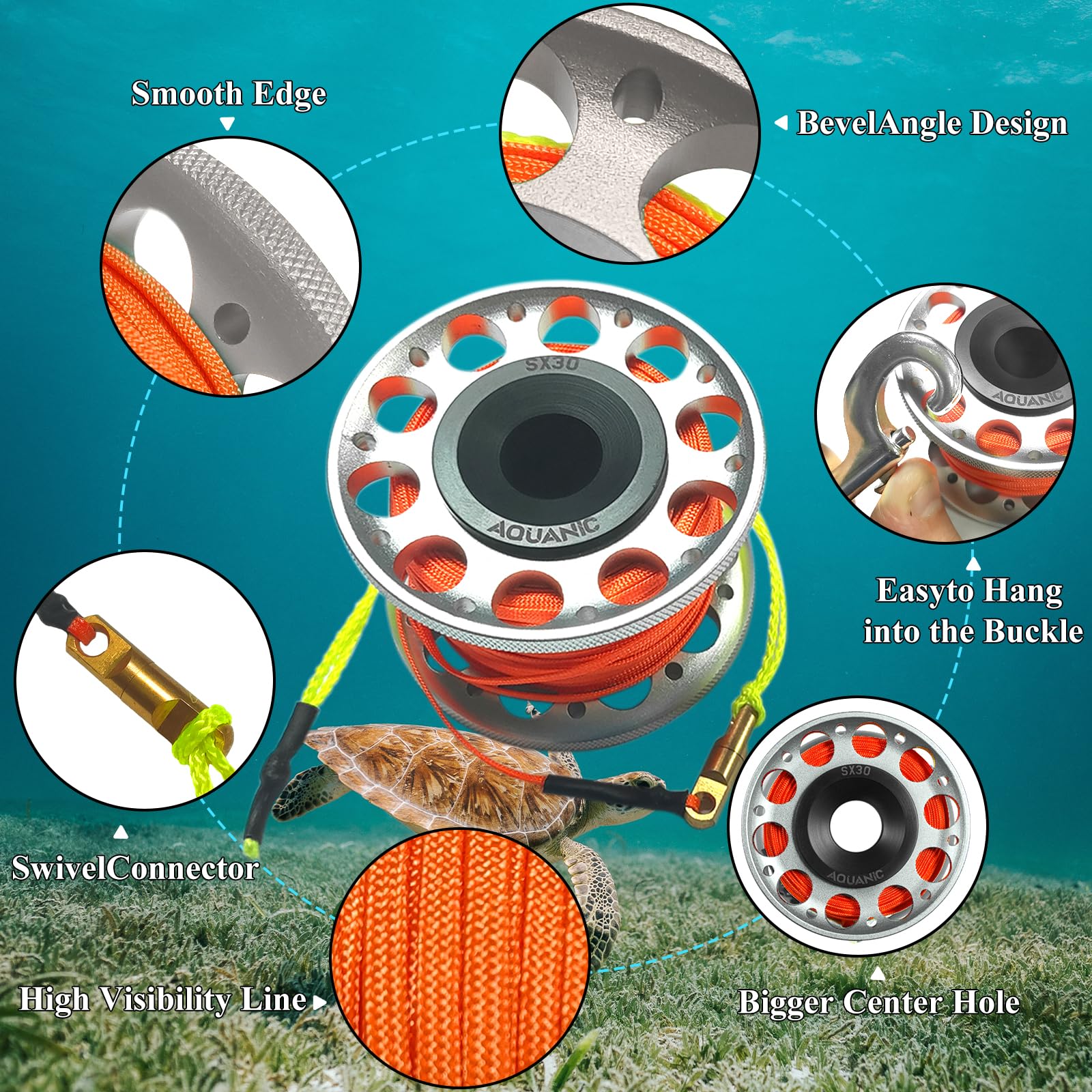 nitescuba Scuba Diving Reel 99FT Finger Reel with Dive Double-Ended Bolt Snap Clip Aluminum Scuba Dive Finger Spool Reel for Snorkeling Diving Fishing (SILVER) - Image 4