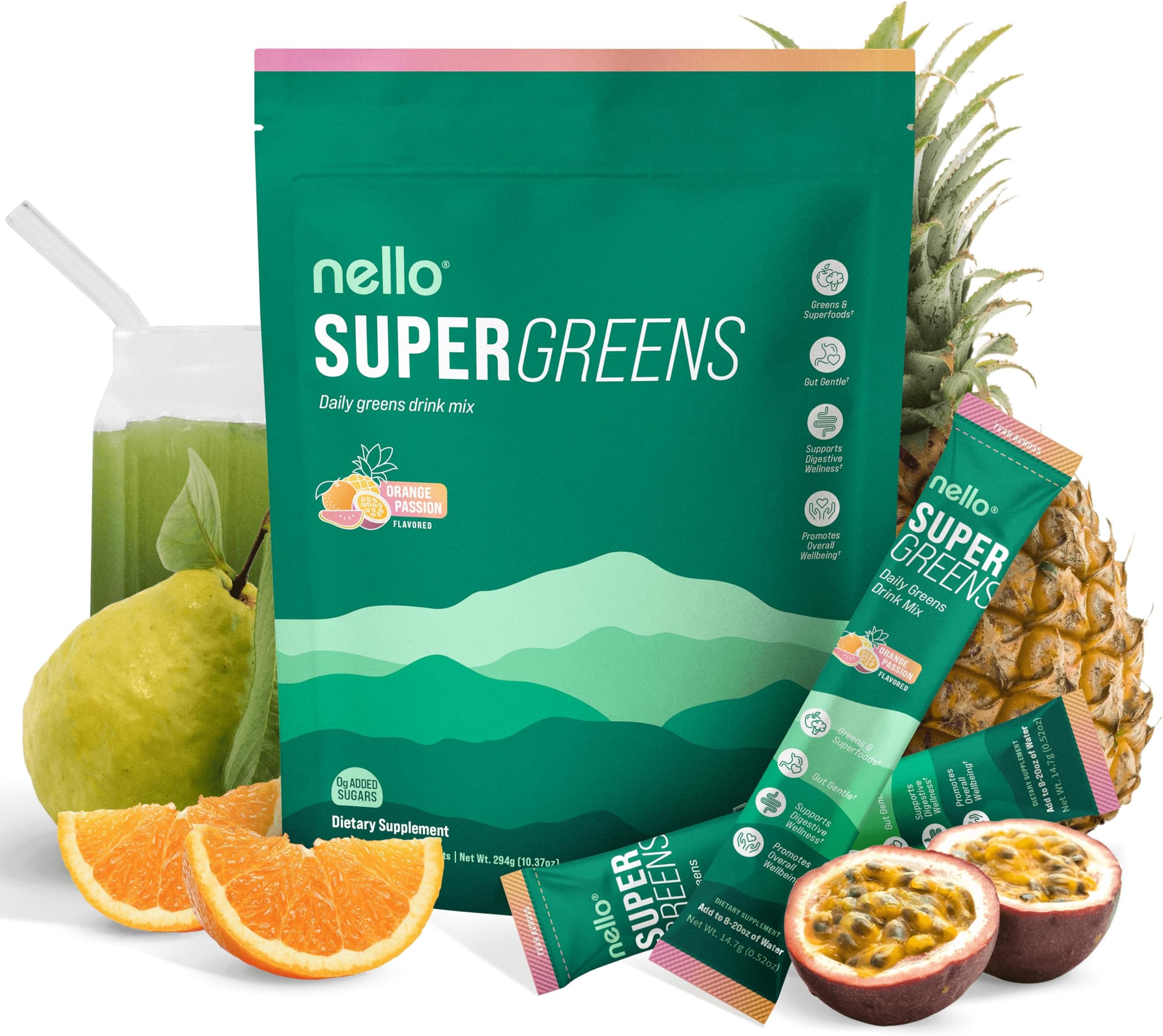 Nello Supergreens Premium Superfood Greens Drink Mix w/Chlorella, Moringa, Spinach & Broccoli + Digestive Enzymes & Probiotic Blend -Nutrient-Packed Powder Wellness (Orange 20 SRV, Travel Pack)
