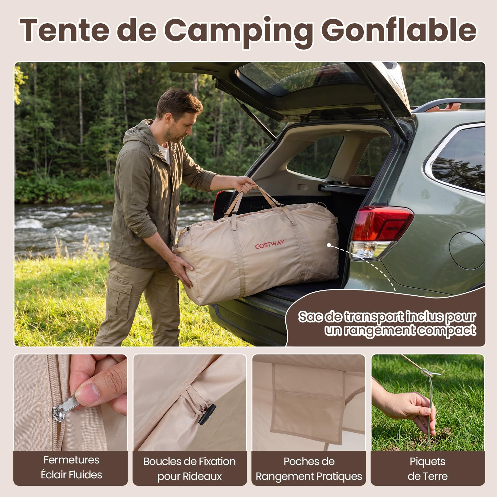 COSTWAY Tente de Camping Gonflable, Grande Tente Portable 4 Personnes avec Pompe à Air Ouverture de Cheminée Port Climatiseur, pour Voyage Camping, 295 x 205 x 200 cm, Kaki