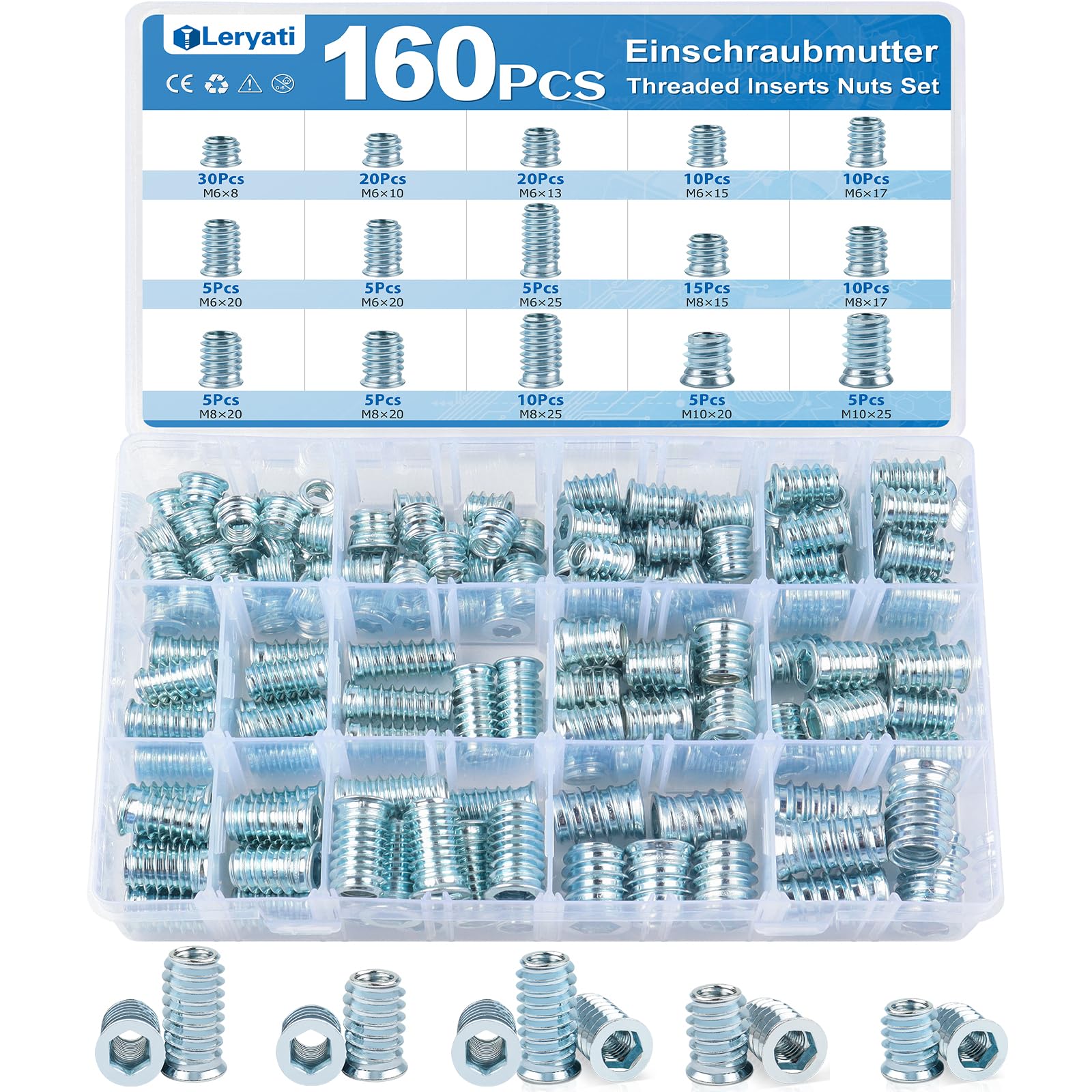 160 Stück Einschraubmutter M6/M8/M10, Leryati Gewindeeinsatz Holz Legierter Stahl Gewindehülse, Zink Einschraubmuffen Einschraubhülse Innensechskant Einschraubgewinde Einschraubmutter für Holzmöbel