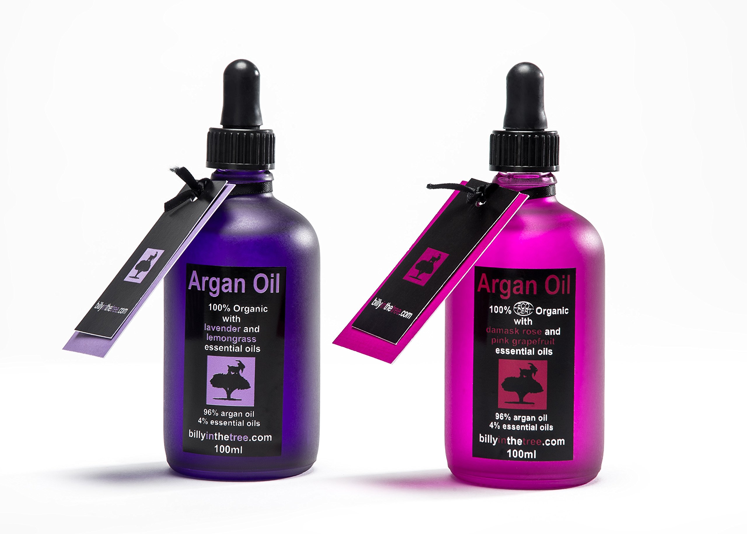 Zestaw upominkowy z kwiatami olejku arganowego 1 x 100 ml olejek arganowy z olejkami eterycznymi z lawendą i trawą cytrynową oraz 1 x 100 ml oleju arganowego z różą adamaszkową i olejkami eterycznymi z różowego grejpfruta.