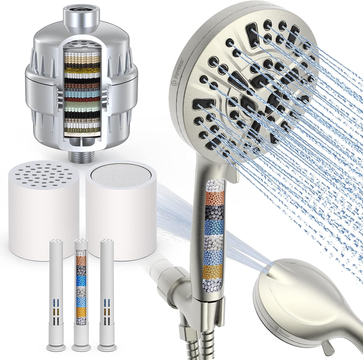 Pavezo Brushed Nickel Shower Head & 3 Pack Filters & Shower Filter