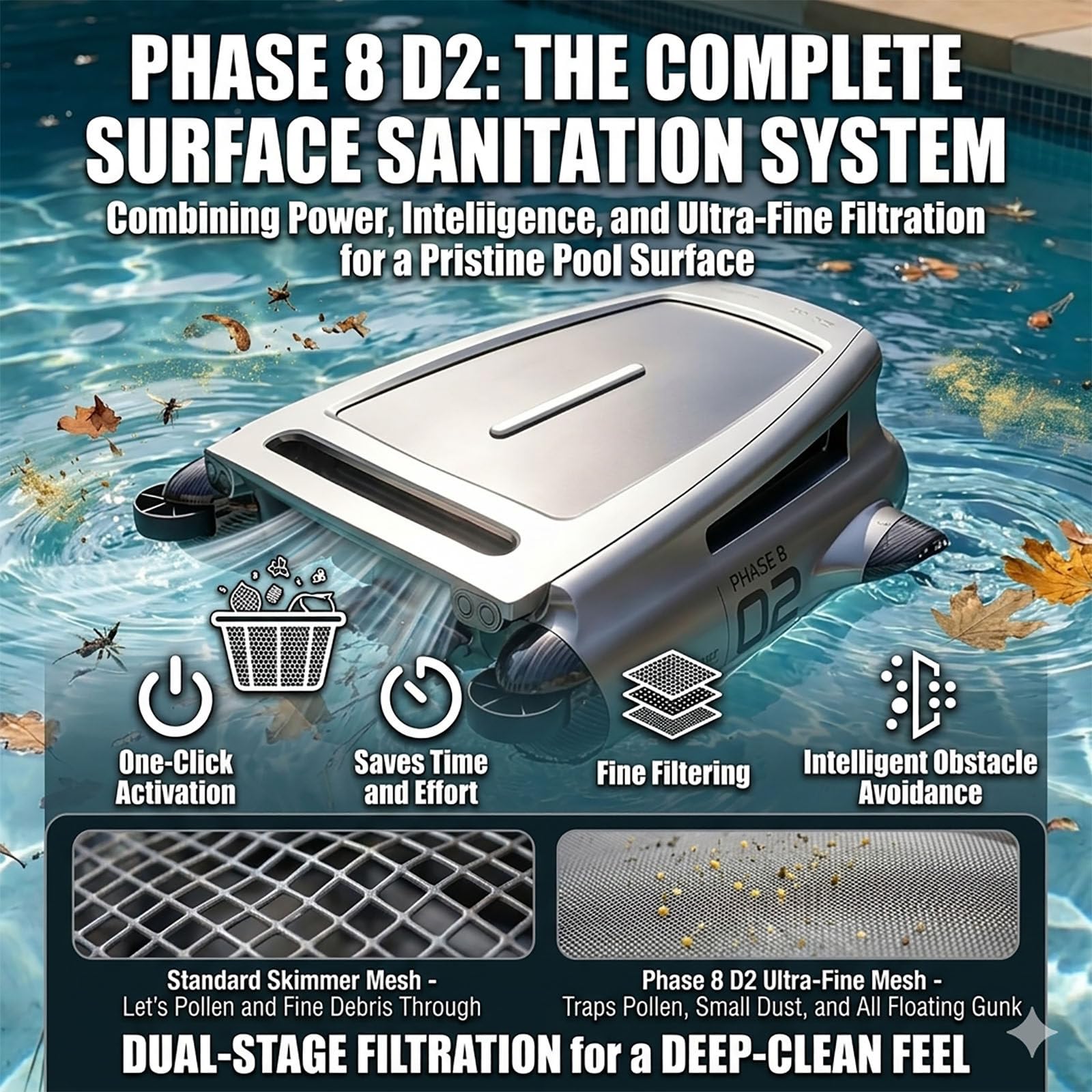 Robot Skimmer per Piscine ad energia Solare con Controllo Tramite App, pulitore Automatico per Piscine 24 Ore su 24, 7 Giorni su 7 con sistemas Intelligente di evitamento Ostacoli