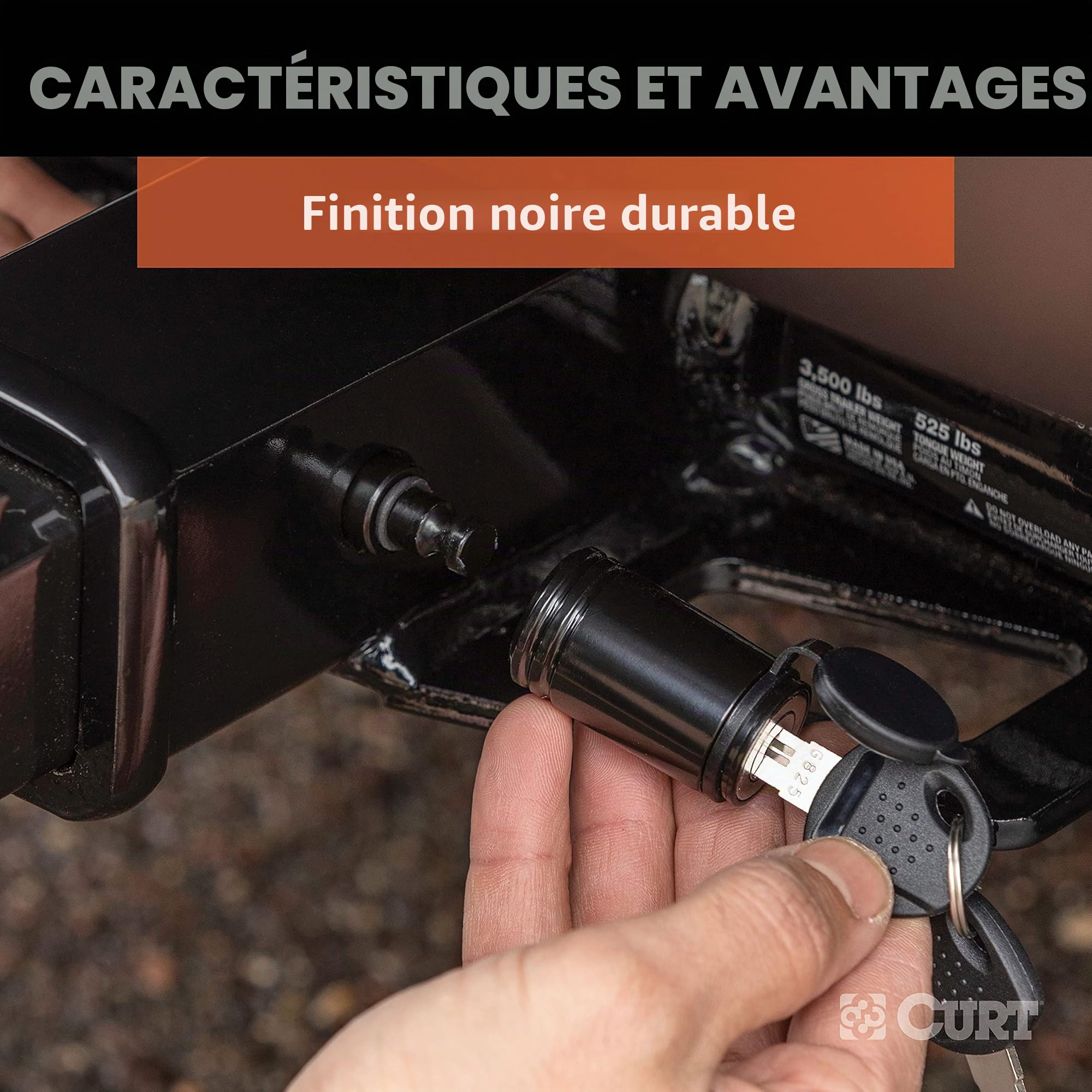 Curt 23518 Verrou d'attelage de remorque Noir, diamètre de Broche de 1,6 cm, Compatible avec récepteur de 5,1 cm