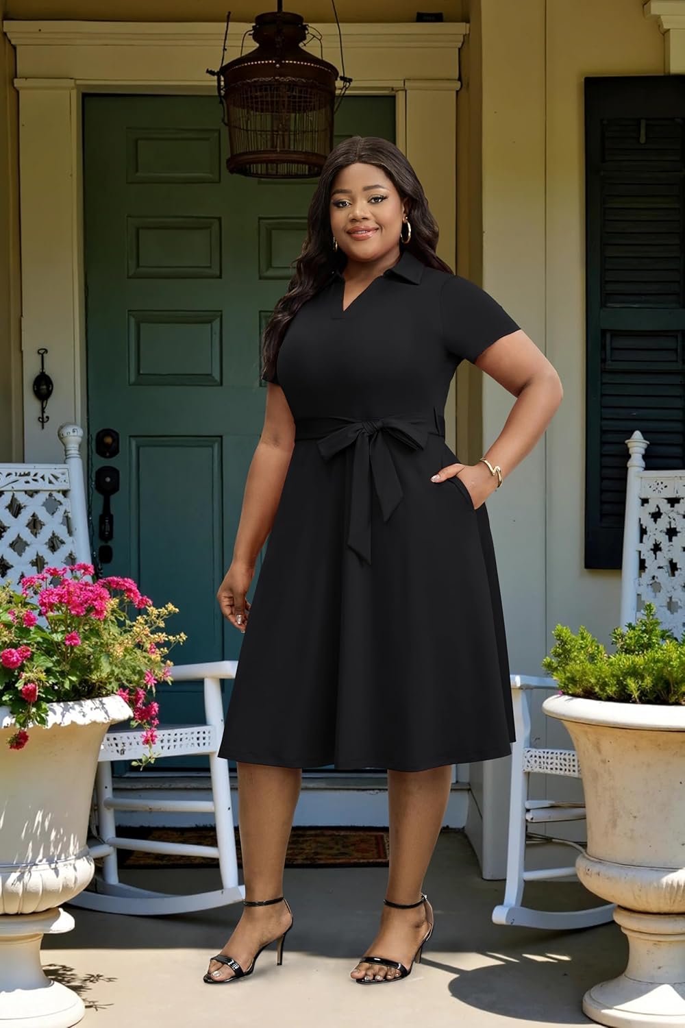 FANDEE Plus Size Dresses, Women Summer Casual V Neck Short Sleeve A-Line Cocktail Shirt Midi Dress with Belt and Pockets - Image 4