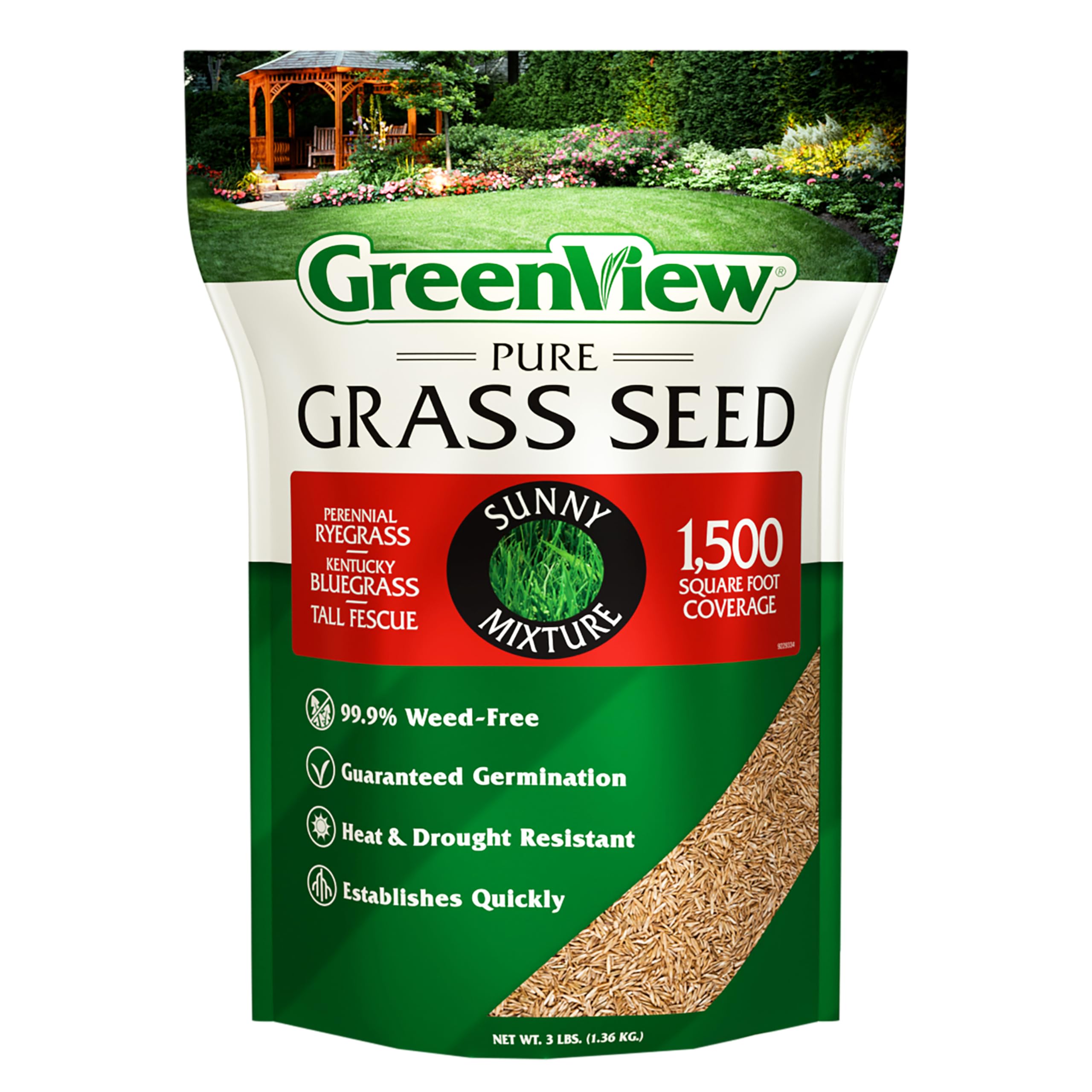 GreenView Pure Grass Seed Sunny Mixture, 3 lb. Bag – Covers up to 1,500 sq. ft.