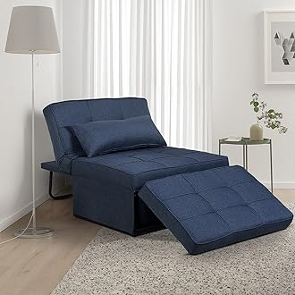 Saemoza Sofa Bed, Ottoman Bed Chair 4 in 1 Multi-Function Folding Sleeper Chair Modern Breathable Linen Guest Sleeper Bed with Pillow for Small Space, Navy Blue