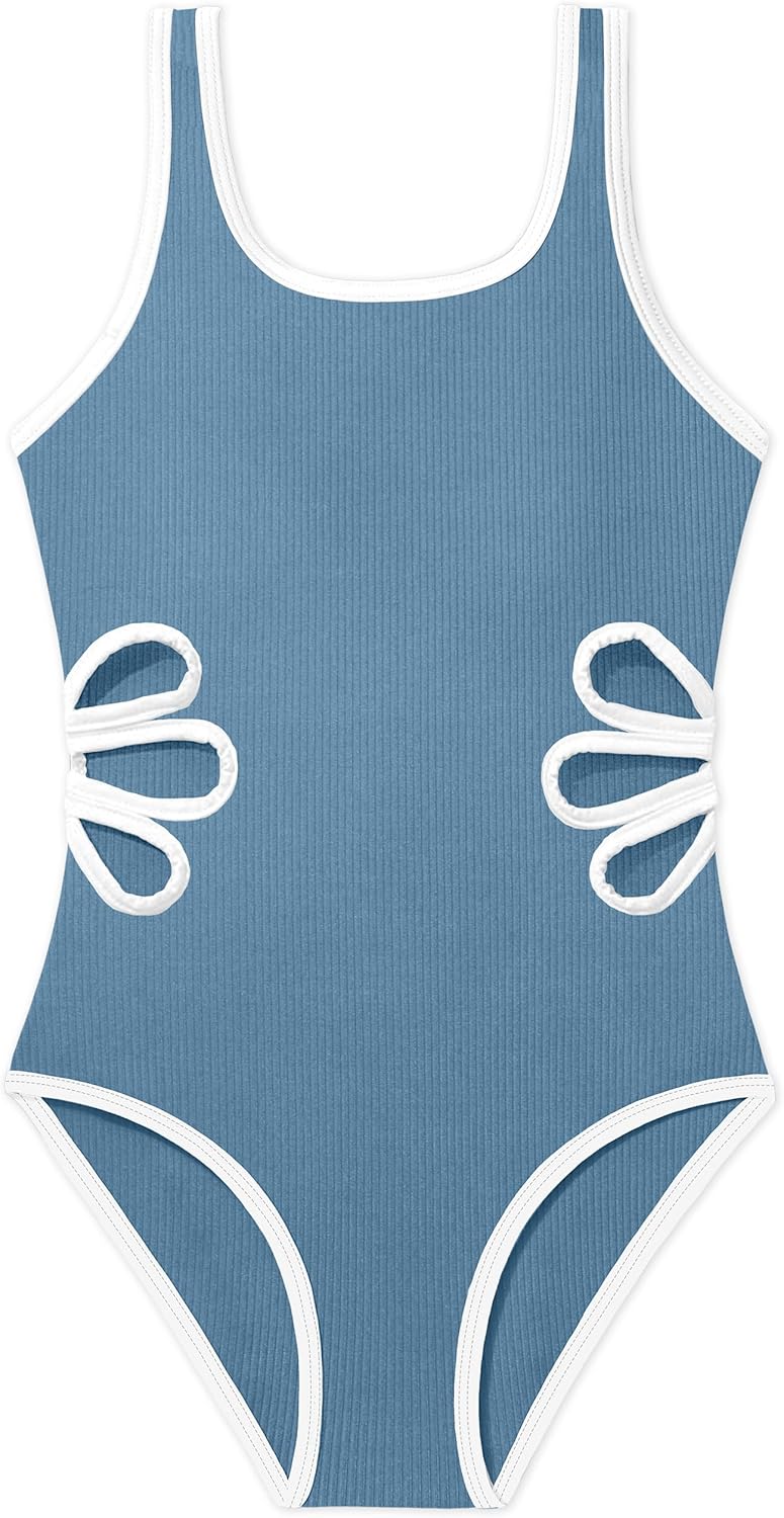 Girls Swimsuit Adjustable Straps Cut Out One Piece Swimsuit Solid Color Round Neck Girls Bathing Suit for 9-16Y