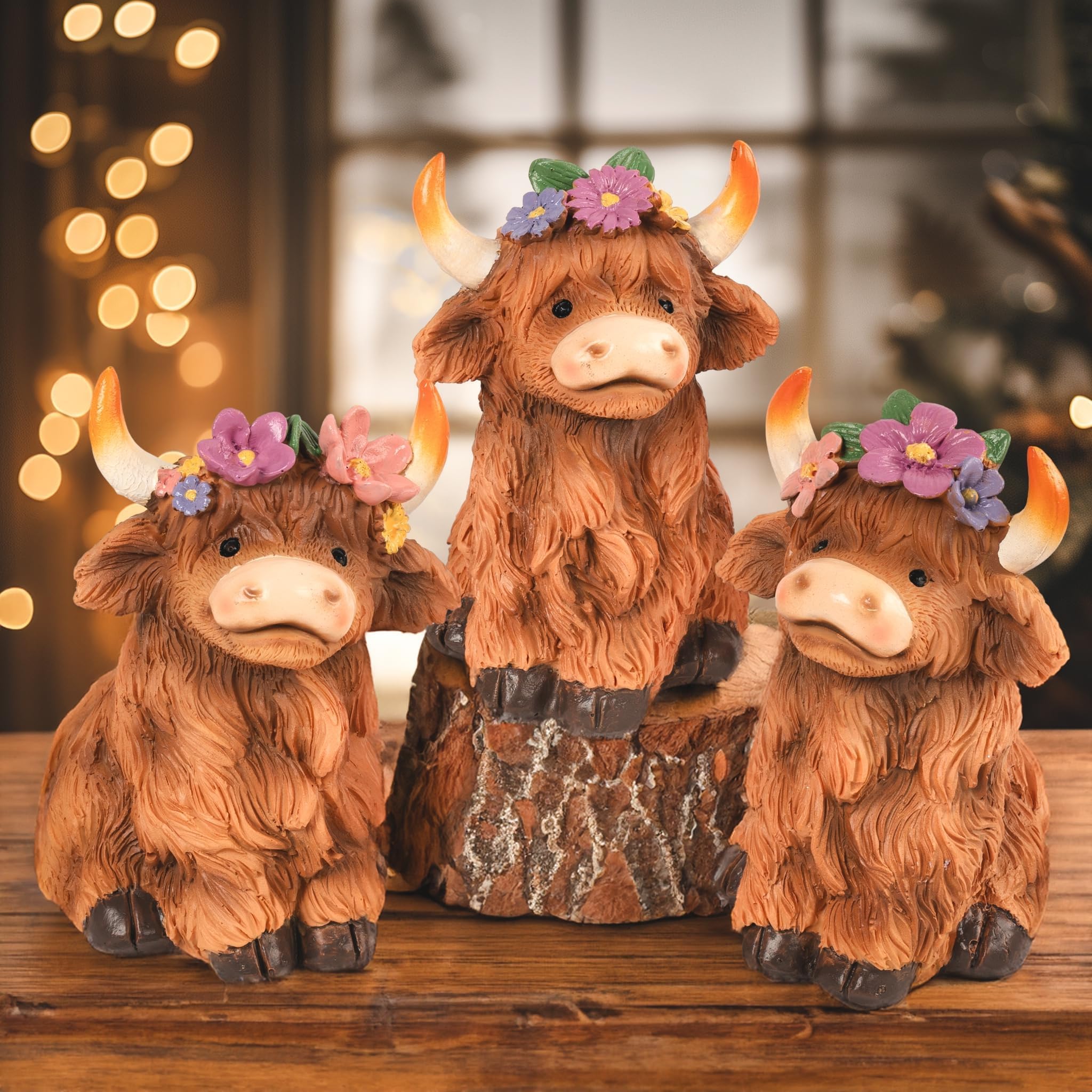 NEROSUN Highland Cow Figurines, Set of 3 Brown Scottish Highland Cow Statue, Christmas Table Shelf Decor for Home Farmhouse, for Highland Cow Lovers