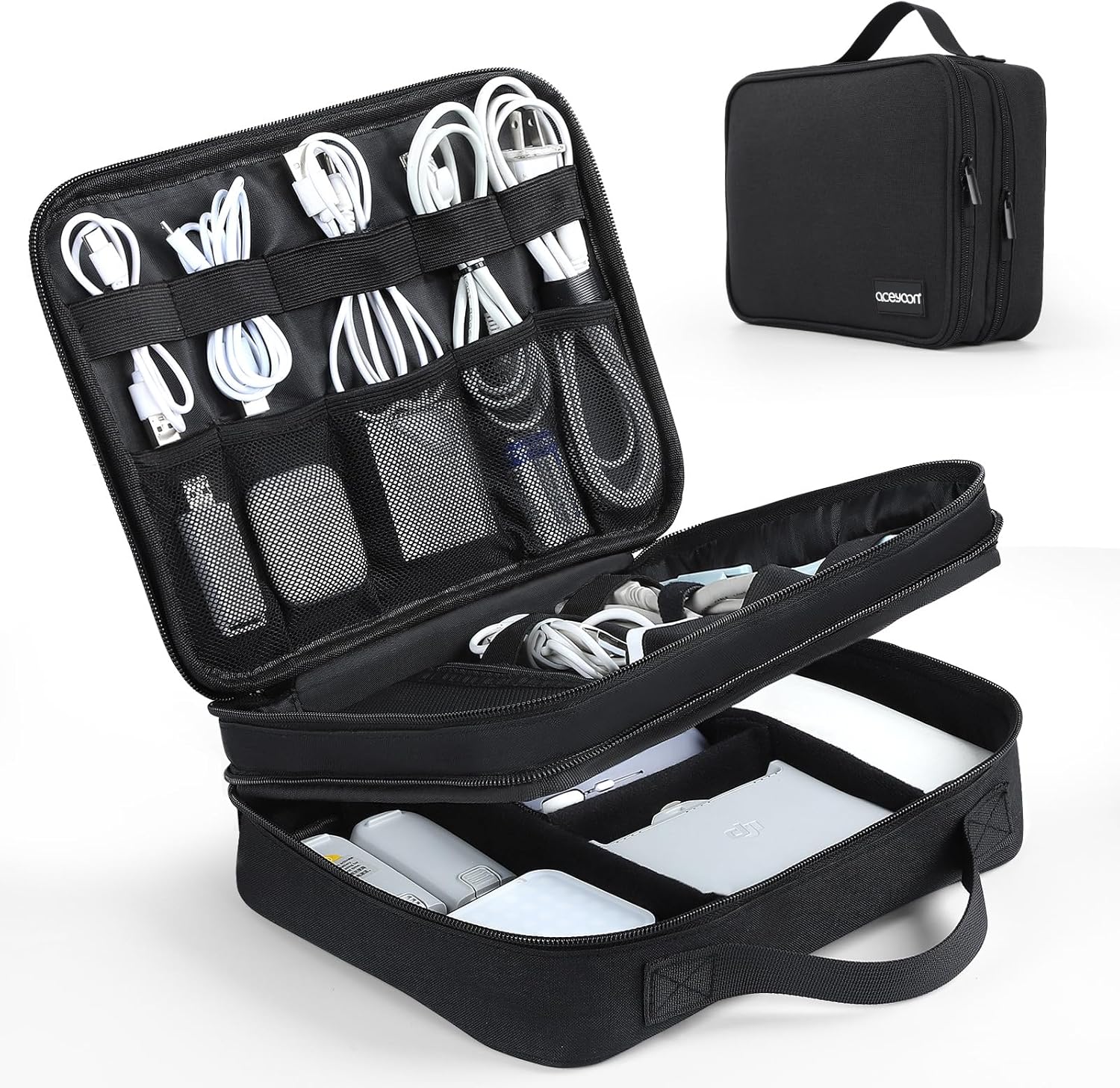 aceyoon Electronics Organizer Travel Case, Waterproof Cable Organizer Bag for Electronic Accessories, 3 Layer Portable Organizer Case for Cord, Power Bank, Charger, Phone, Tablet, SD Card, Black - Image 1 of 7