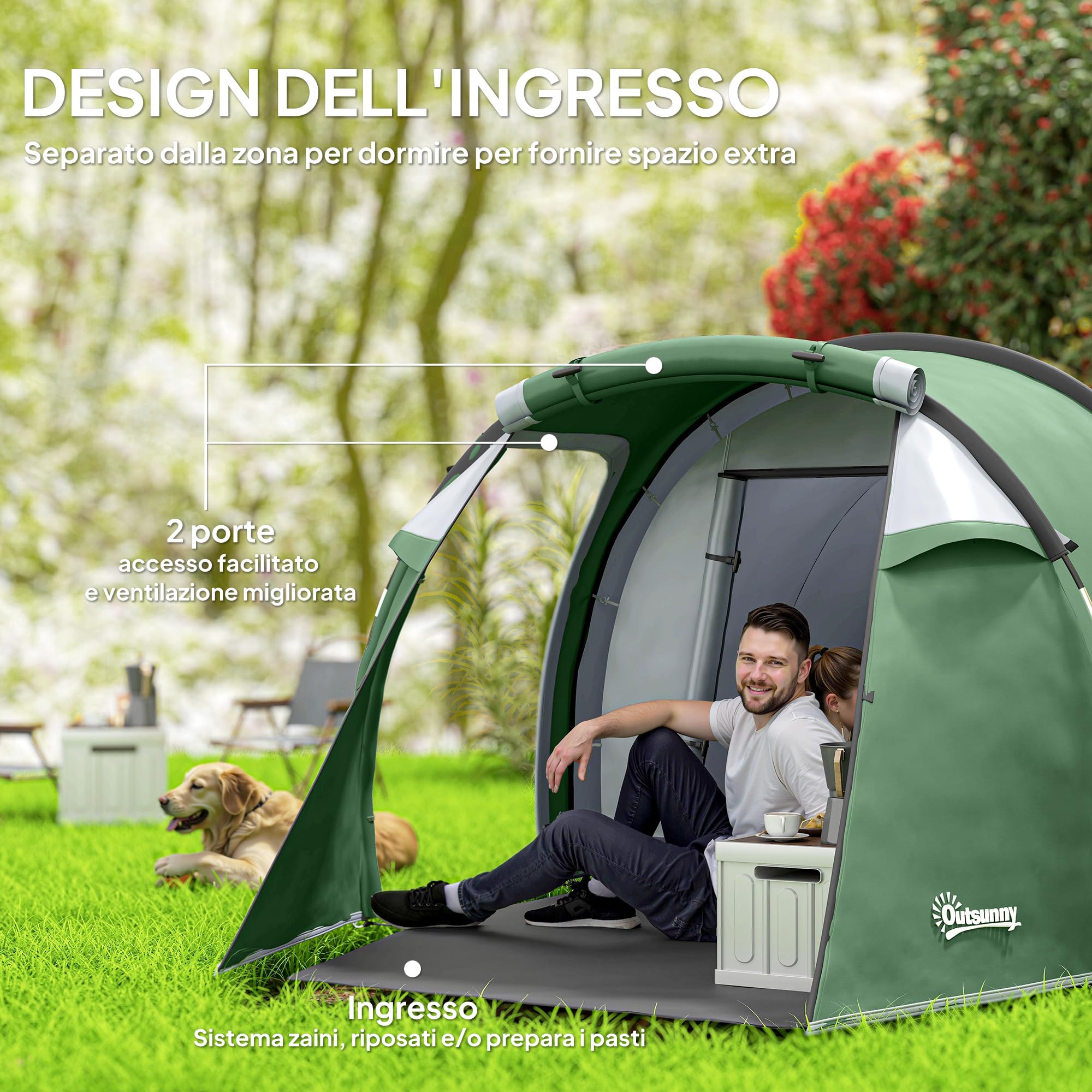 Outsunny Tenda Campeggio a Tunnel per 2-3 Persone, Tenda Campeggio Familiare 3 Posti con Zona Soggiorno e Camera da Letto, Porte, Finestre Laterali e Borsa di Trasporto, 426x206x154 cm