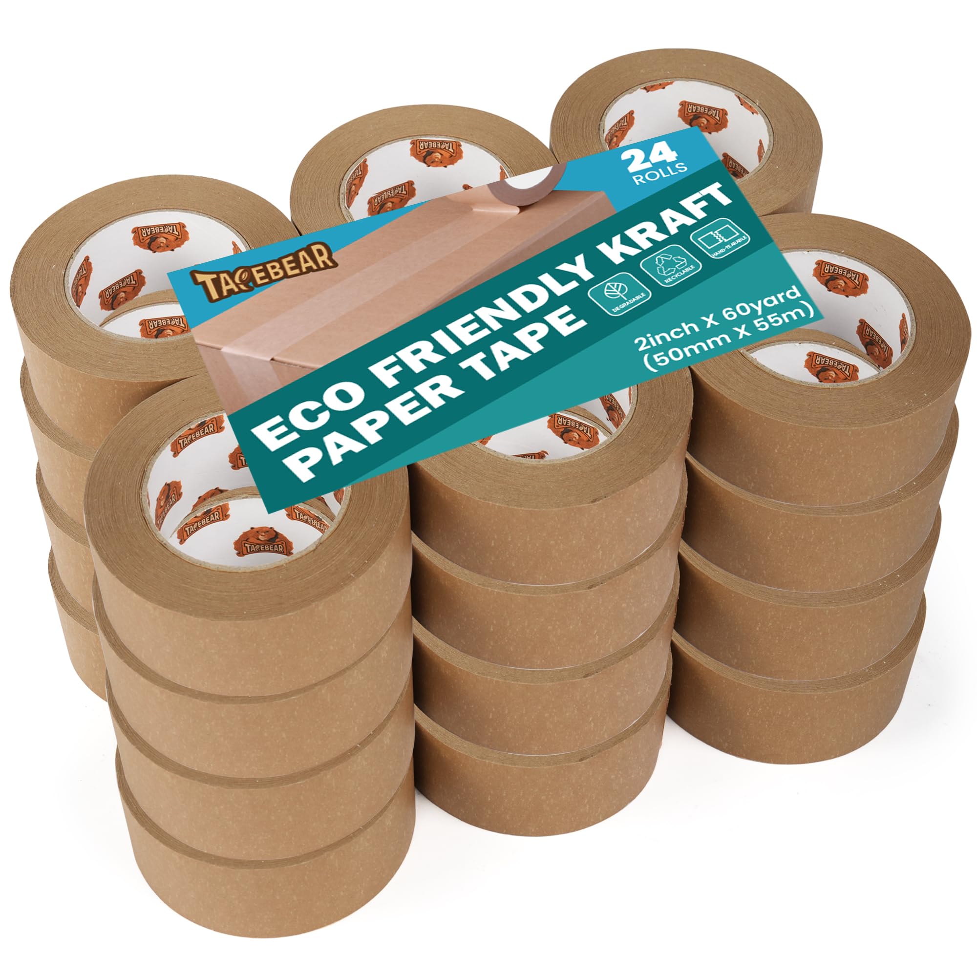 TAPEBEAR Eco-Friendly Kraft Paper Tape, Biodegradable Kraft Paper Tape, Recyclable Writable Packing Tape, Non-Coated Surface for Masking, Sealing, and Packaging Use, 2inch x 60yards, 24Rolls — image 1