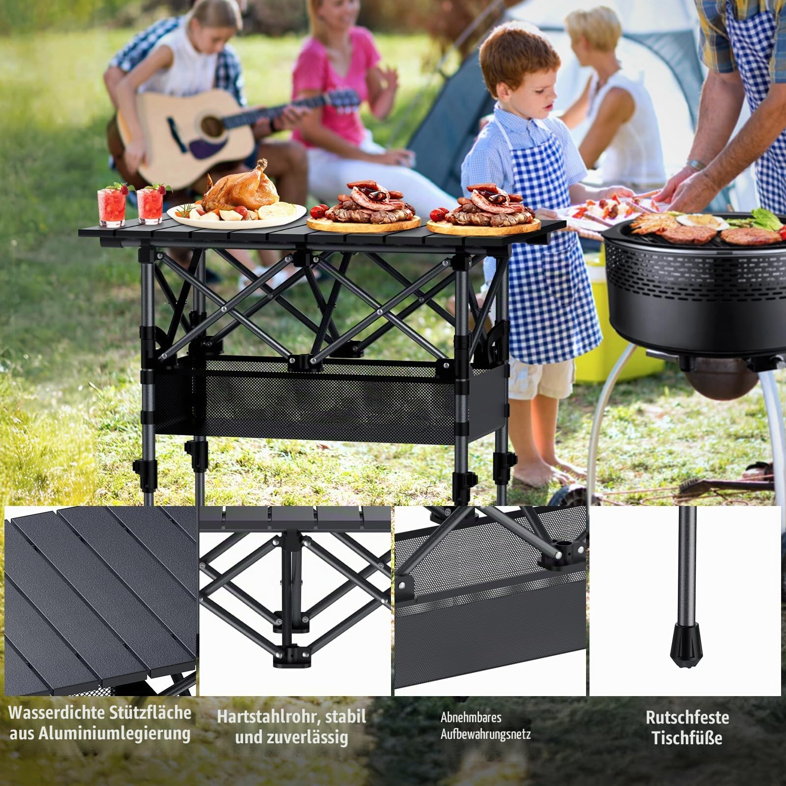 GARLLEN Campingtisch klappbar, 64x40cm & 2 Höhenverstellbar(44/70cm), Aufrollbare Tischplatte, abnehmbar Klapptisch aus Stahl, Falttisch Grilltisch Beistelltisch Gartentisch Picknicktisch inkl. Tasche