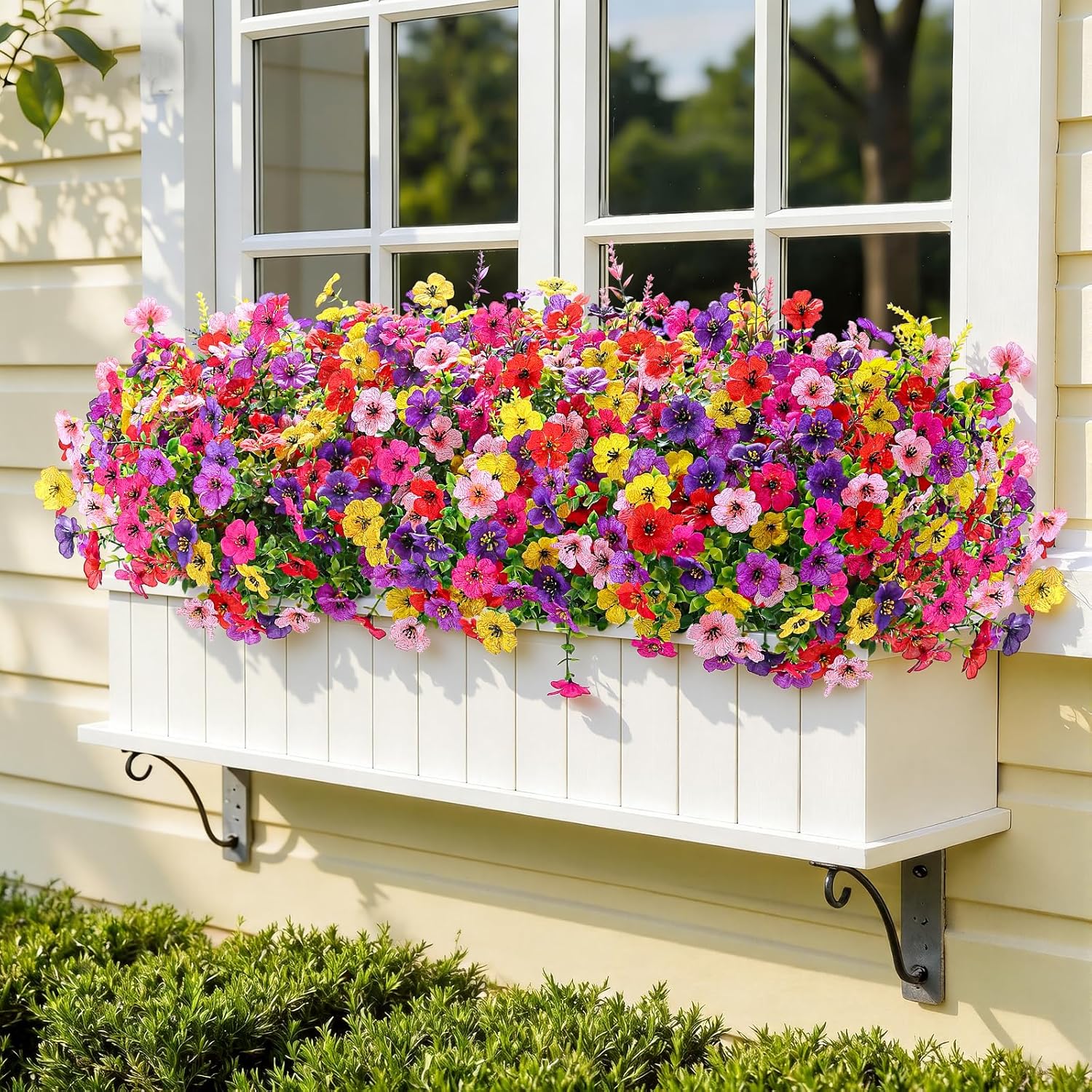 SHareconn 24 Bundles Artificial Flowers for Outdoors Decoration, Faux Plants Fake Silk Colorful Daisy Eucalyptus Lavender, UV Resistant for Outside Home Porch Indoor Spring Decor, 6 Colors incl. Red