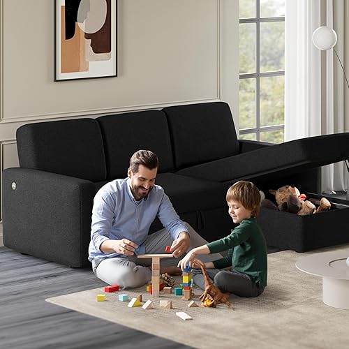Miniatura 27 de Yaheetech Sofá modular en forma de L con diván y USB, sofá cama reversible con cama extraíble y espacio de almacenamiento, sofá convertible de tela
