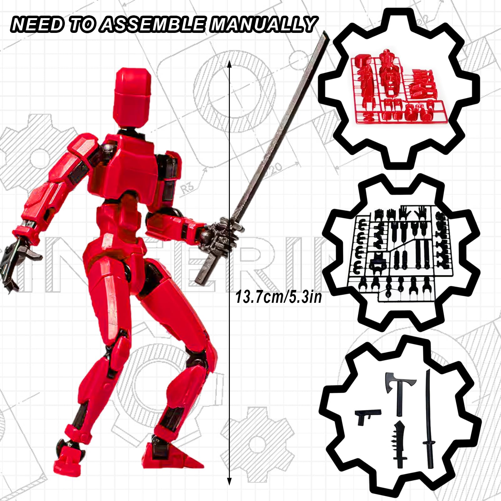 Azxndy 3D Printed Moveable Joints Robot,Finger Exercising Toys Assembly Set,Multi Joint Movable Model,Full Body Mechanical Movable Toy,Movie Character Desktop Decoration for Game Lovers (red) - Image 2