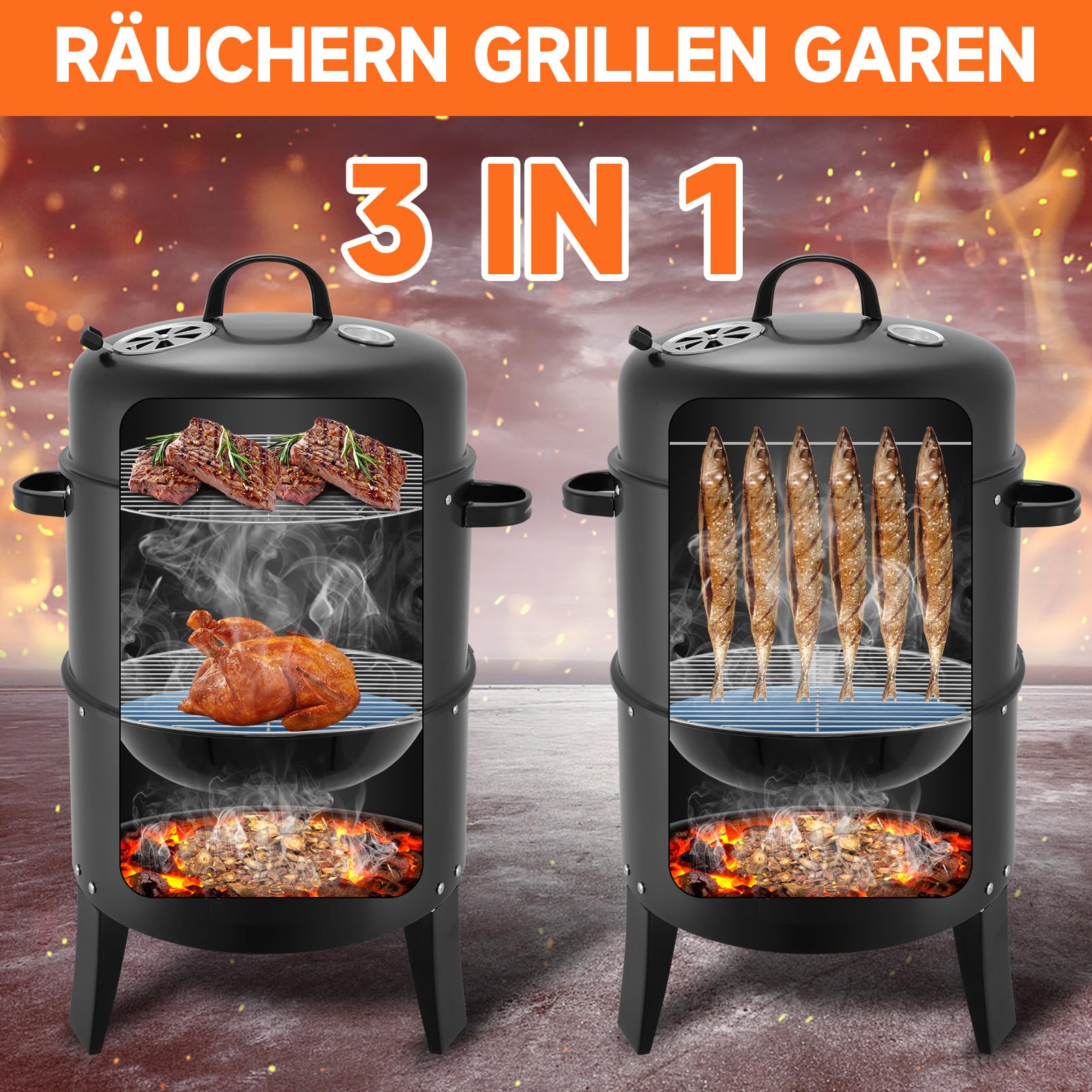Horno 3 en 1 para ahumar, parrilla de carbón vegetal con tapa | Barbacoa para ahumar Barbacoa camping Barbacoa & Garen Barbacoa multifunción para ahumar