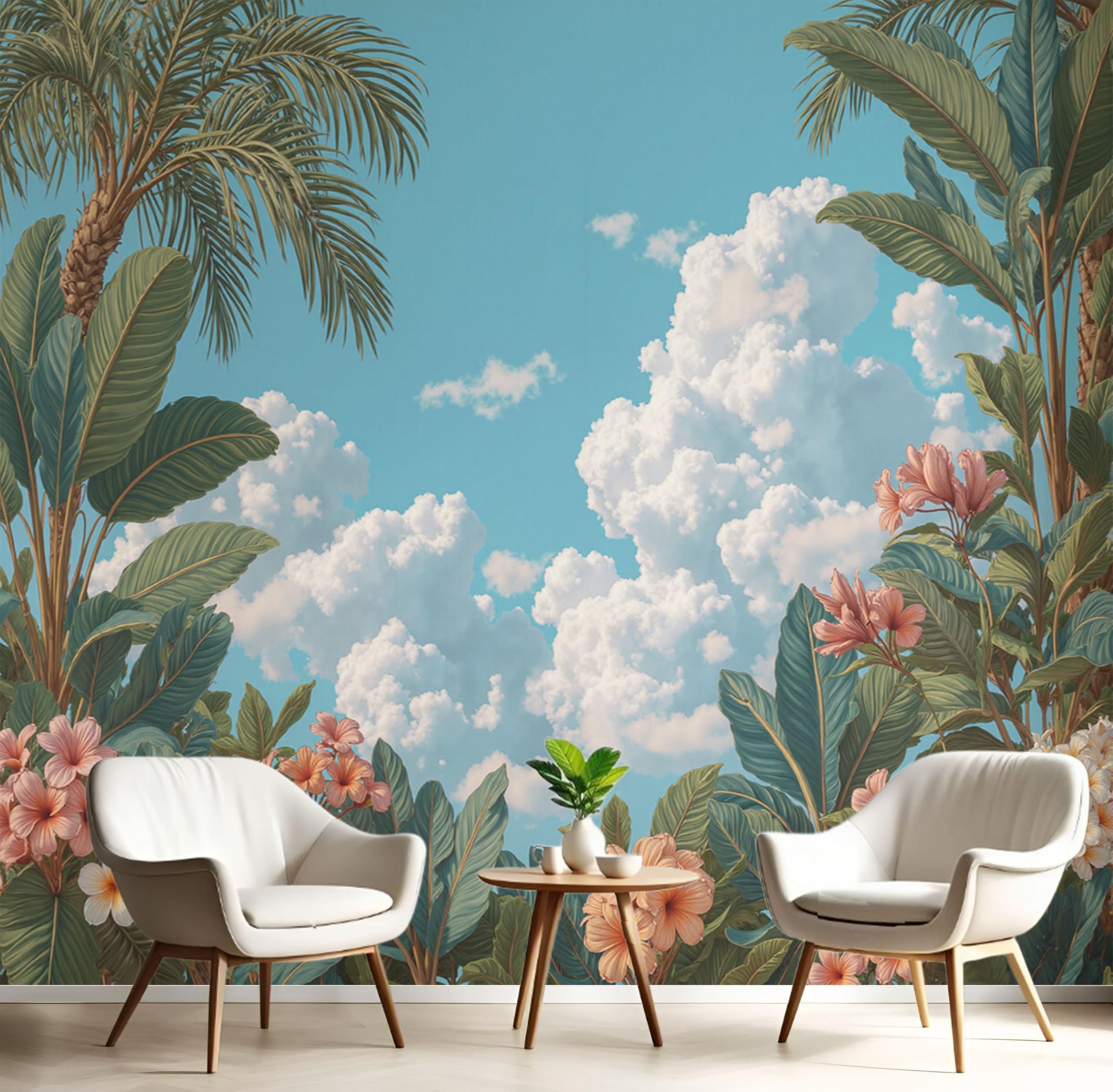 Papier peint panoramique bleu clair 200x140cm en soie à motif palmier pour salon