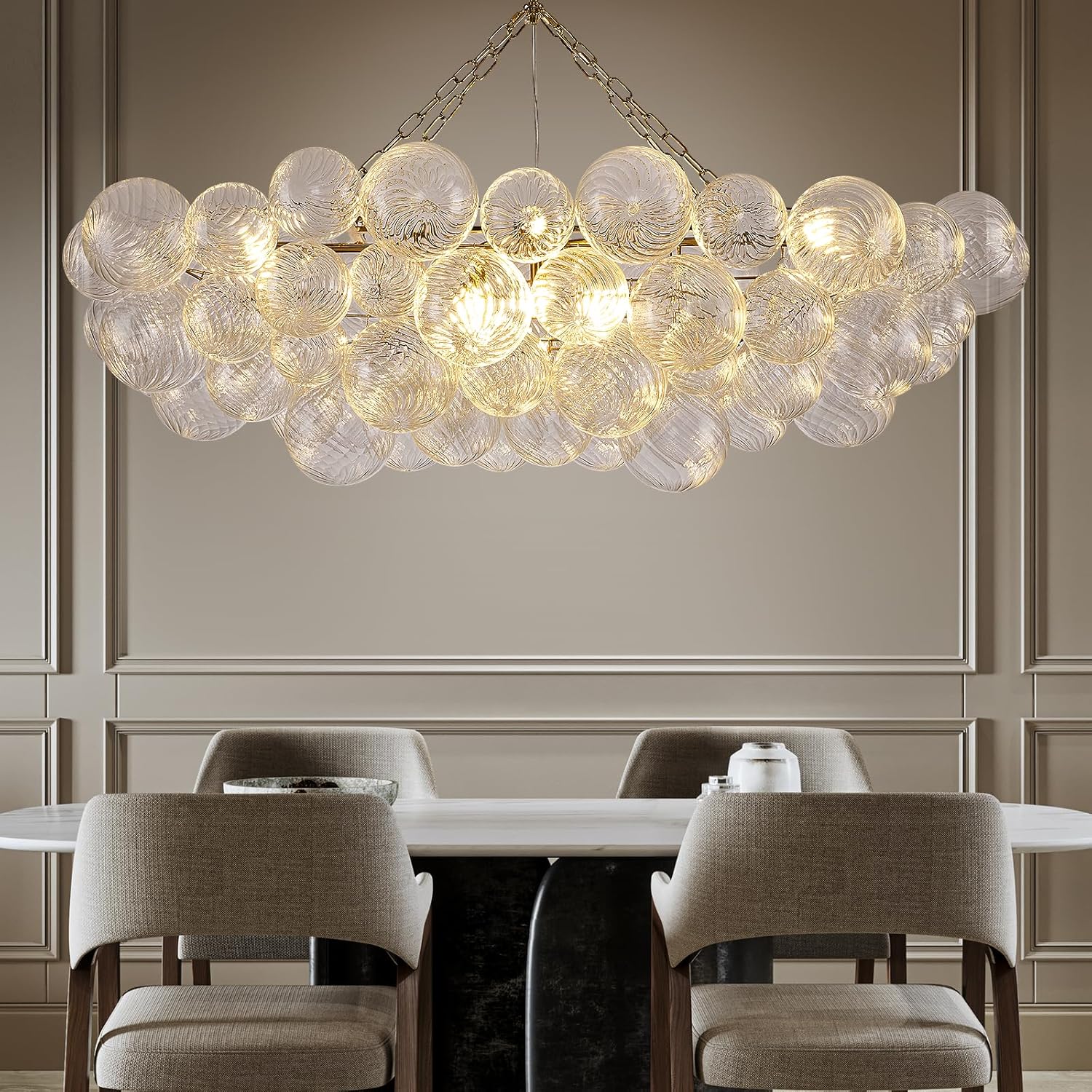51" Large Gold Bubble Chandelier, 9-Light Modern Hand Blown Glass Chandelier Light Fixture, Rectangle Chandeliers for Dining Room Living Room Kitchen Island Foyer Entryway(Brush Brass Finish)