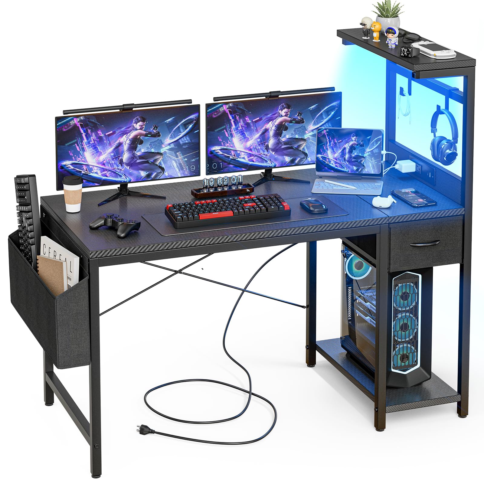 Grandder Gaming Tisch, 120x50 cm Gaming Schreibtisch mit Steckdose & LED-Beleuchtung, Computertisch mit reversiblen Regalen und Schublade, PC Tisch für Homeoffice mit Staufach, Carbonoptik Schwarz