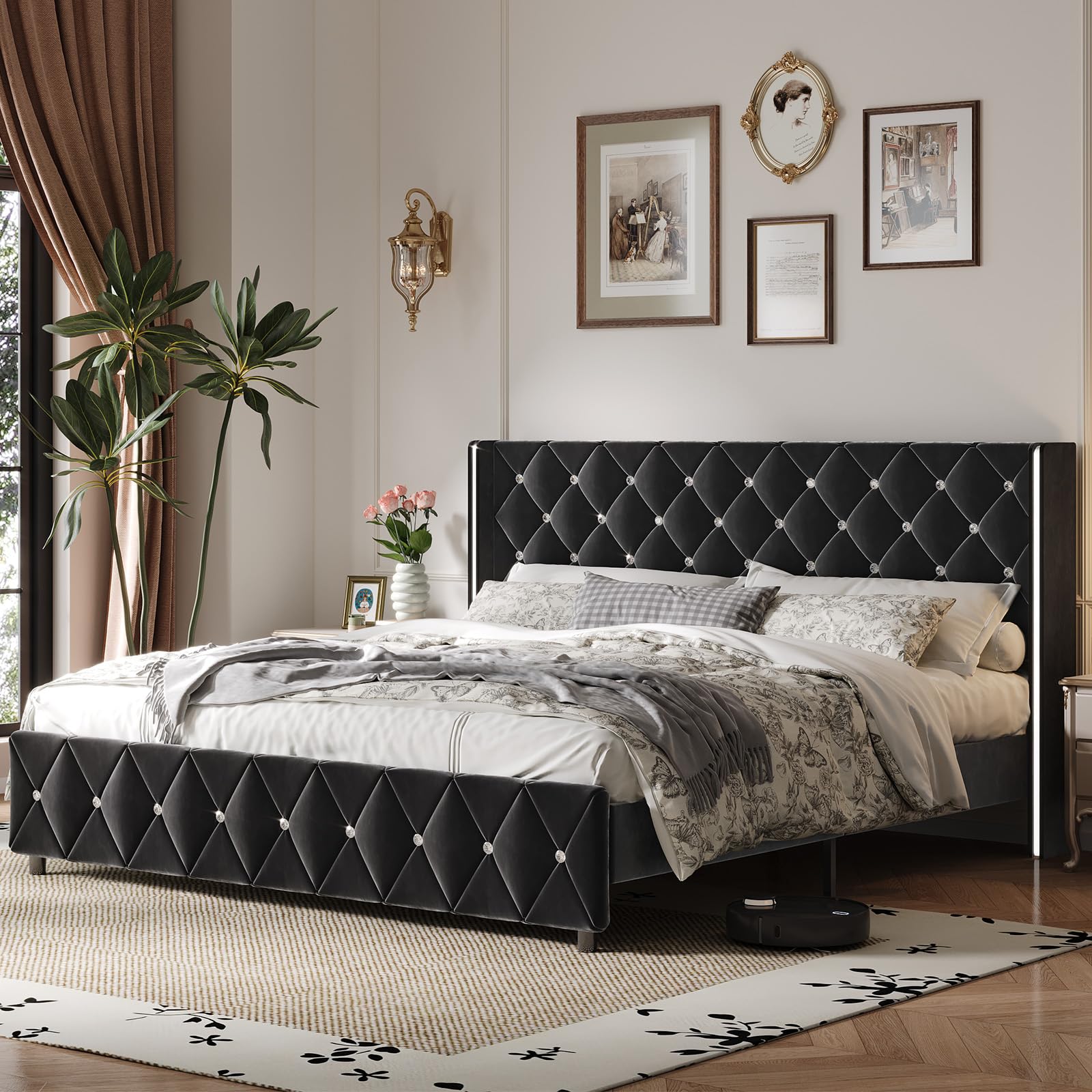 HOMBCK King Size Bed Frame Black Velvet Upholstered Bed Frame King with Diamonds Tufted Headboard and Footboard Wooden