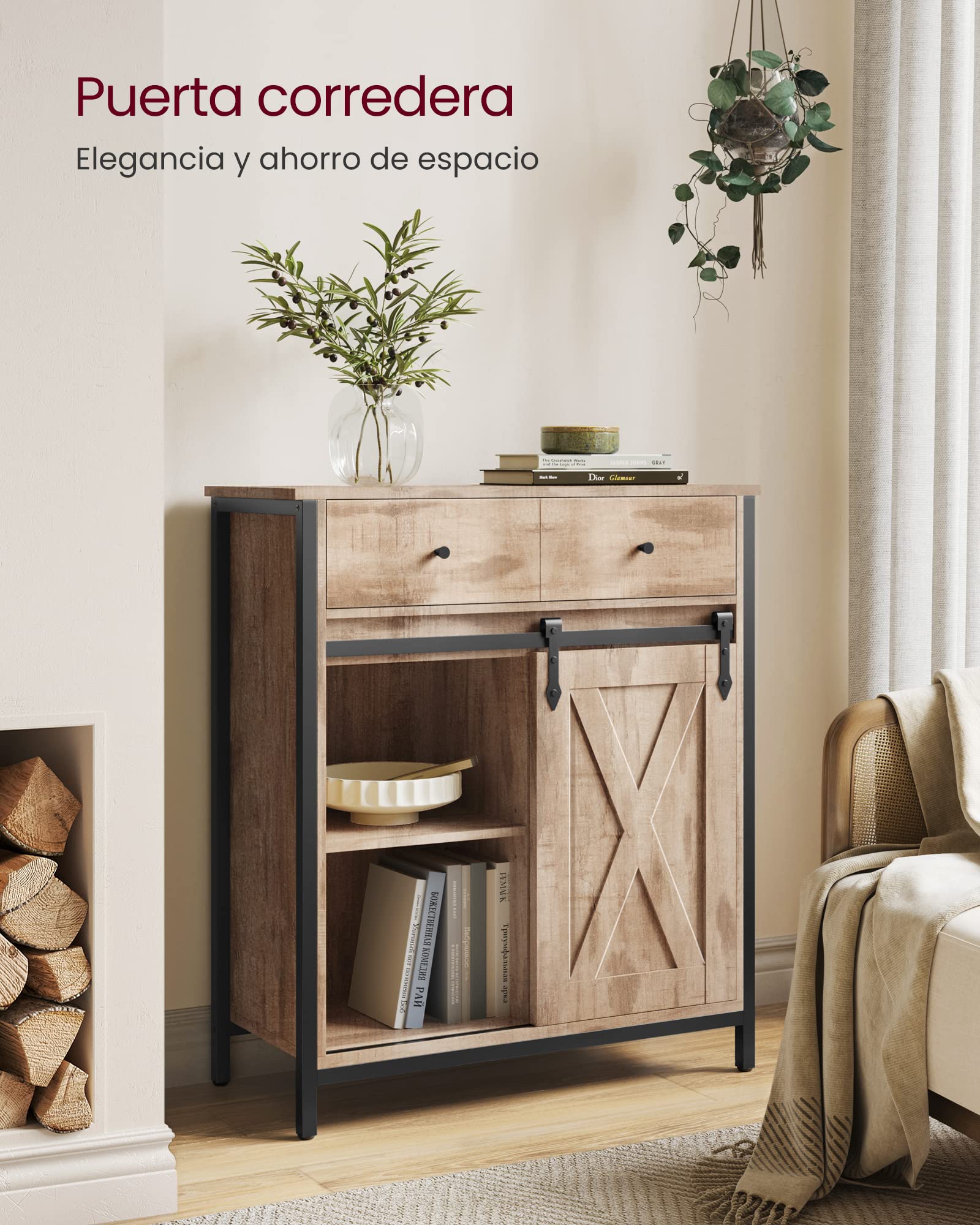 VASAGLE Mueble de Almacenamiento, Aparador, Armario de Cocina, con Puerta Corredera, 30 x 70 x 80 cm, Estante Ajustable, Estilo Rústico, para Sala de Estar, Marrón Roble y Negro LSC100B50 | VASAGLE Armario de almacenamiento, aparador, 30 x 70 x 80 cm, col