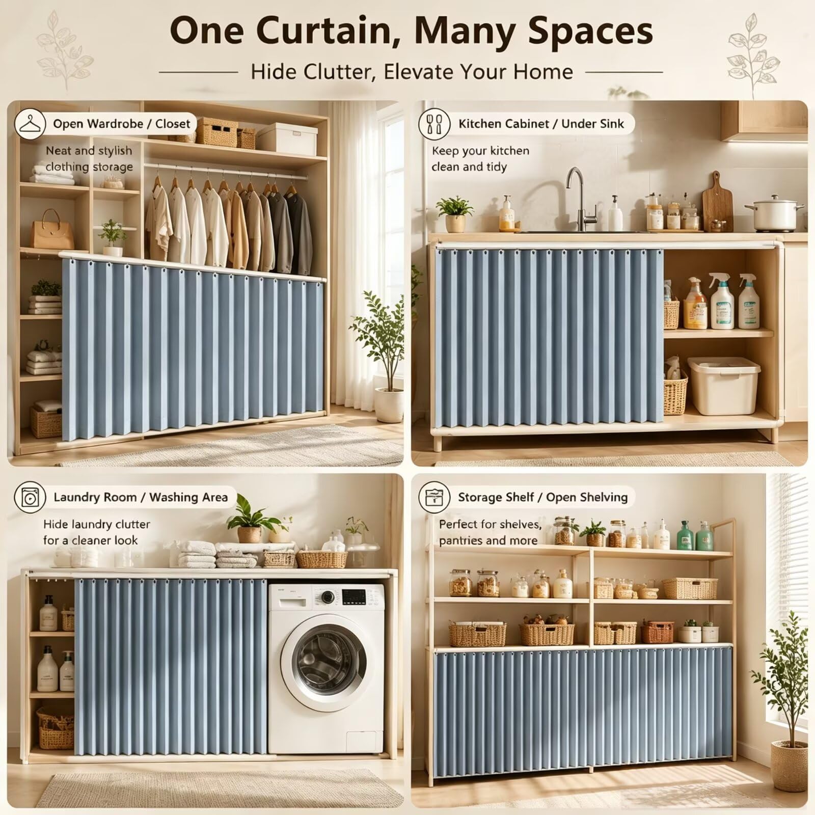 Rideau Placard avec Rail Auto-Adhésif W160 x H110cm Bleu