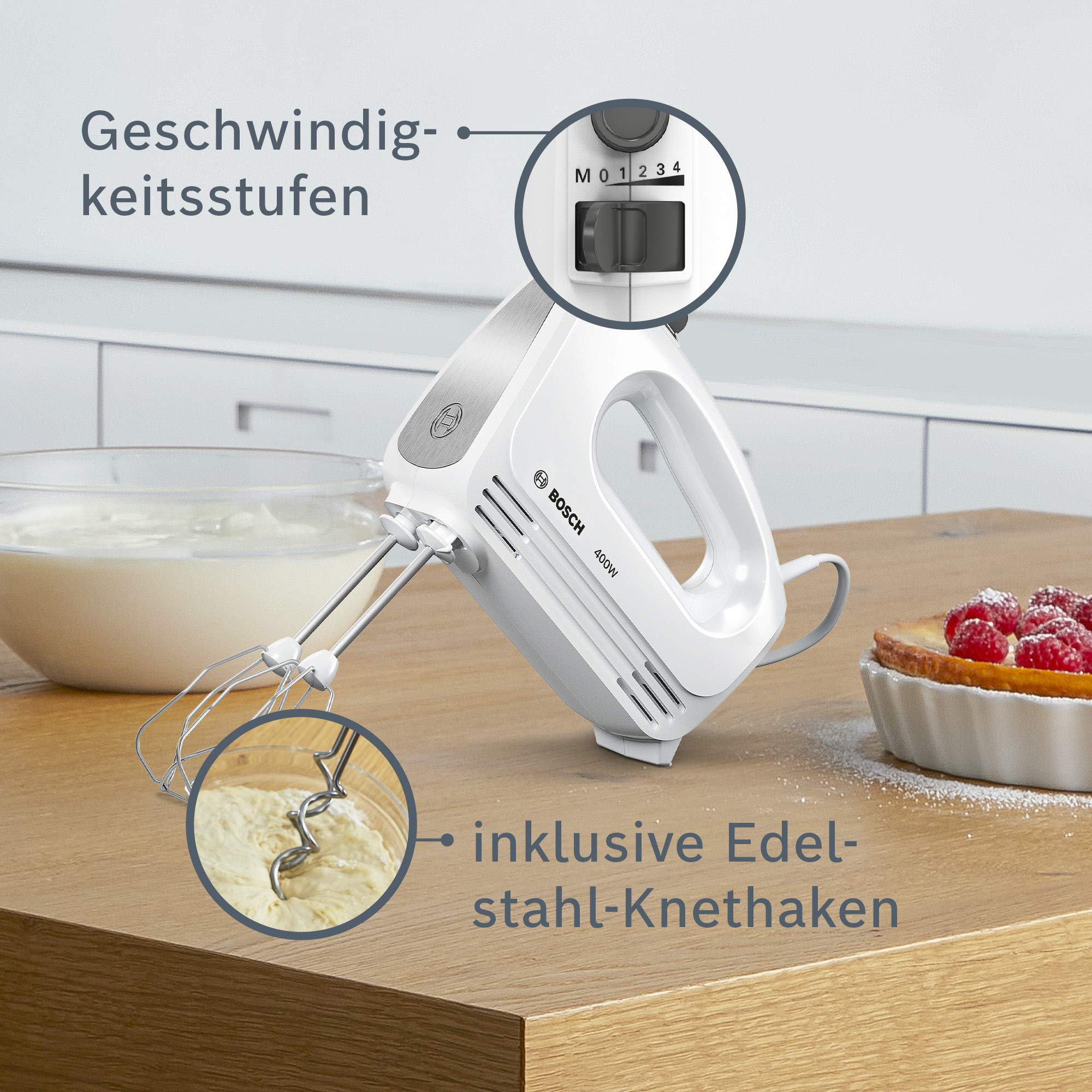 Bosch Handrührgerät, 2 Rührbesen, 2 Knethaken, Edelstahl, spülmaschinenfest, 4 Stufen, Turbostufe, leicht, leise, 400 W, weiß, CleverMixx MFQ24200