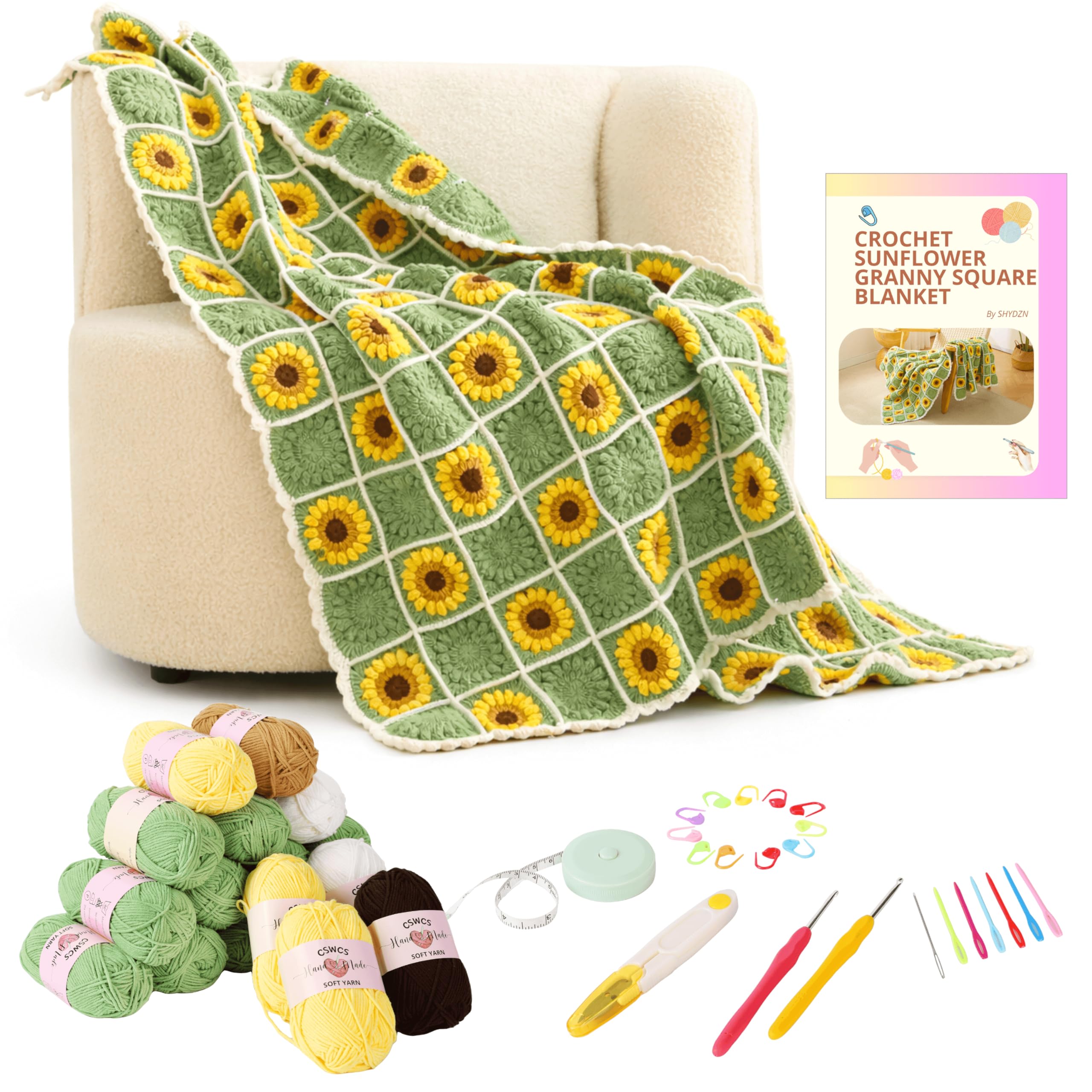 CSWCS Häkeldecken-Set für Anfänger, Sonnenblumen-Oma, quadratisches Häkeldecken-Set für Erwachsene, einfaches Stricken mit Garnzubehör, Buch und Video-Tutorials für Anfänger (119,4 x 99,1 cm)