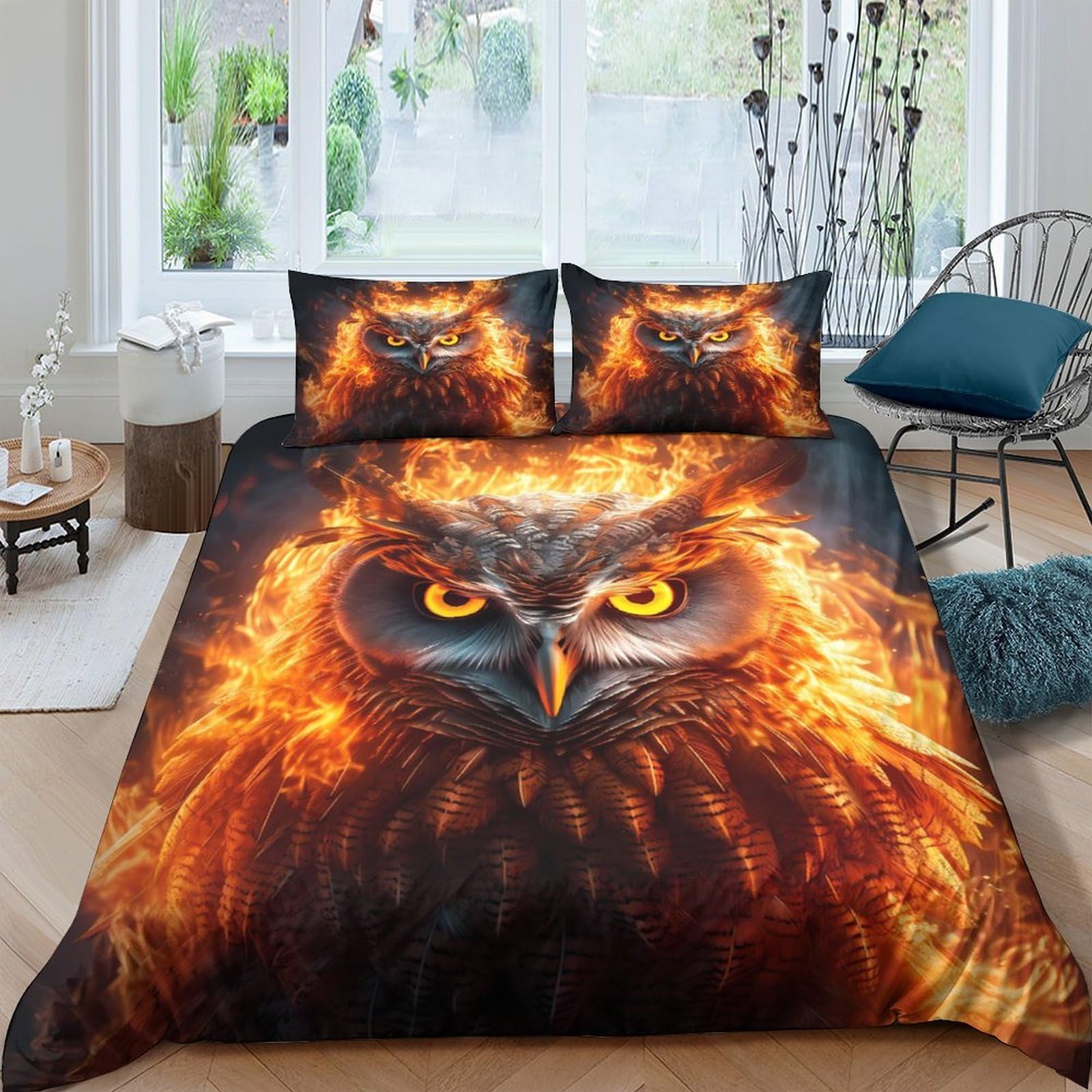 GPLZQXKJNH 3D Printed Fiery Owl Duvet Cover Set Microfiber Soft Orange Black Bedding with 2 Pillowcases for Bedroom Home Use Single（135x200cm）