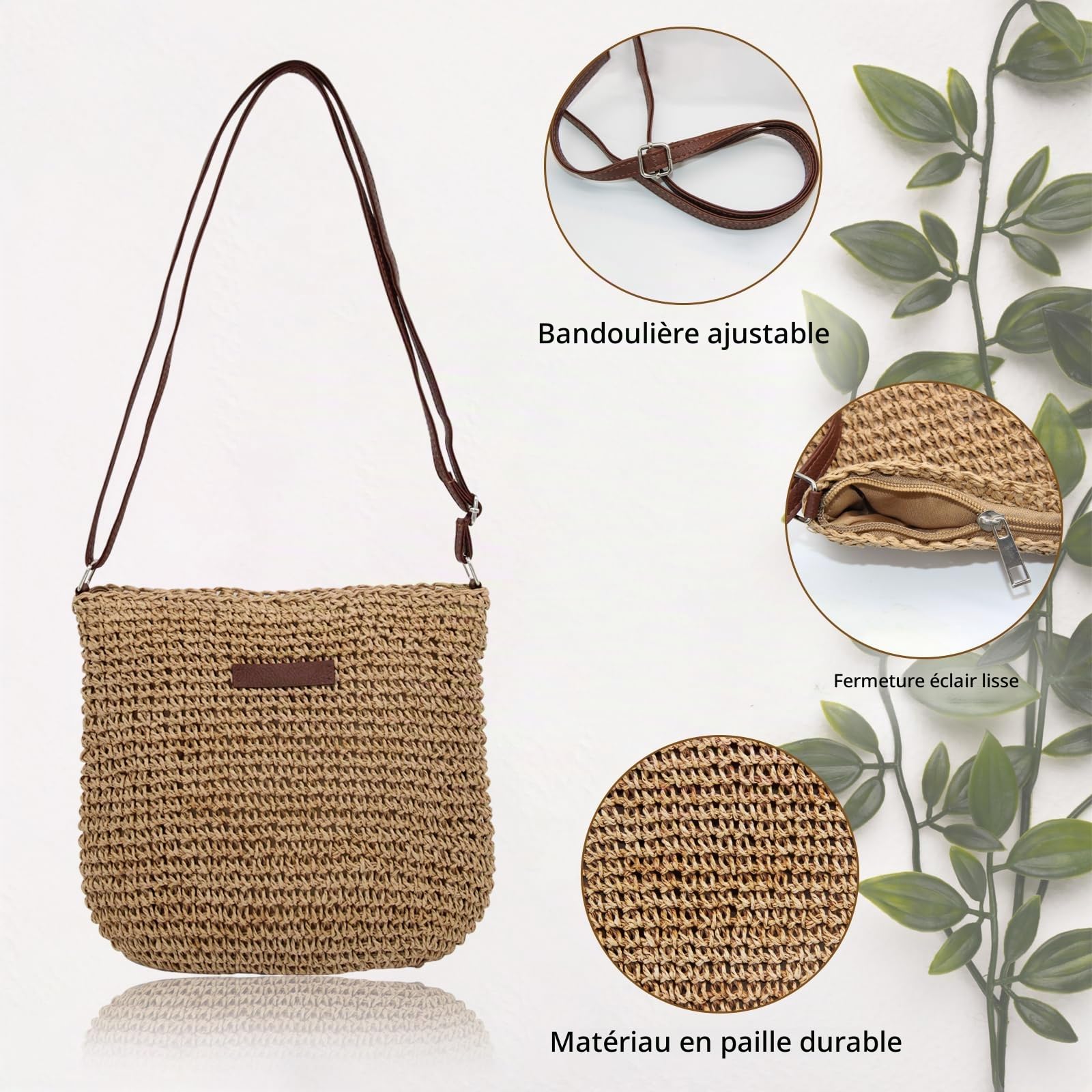 Petit sac de paille pour femme, sac à bandoulière d'été avec fermeture éclair et sangle réglable, tissage bohème fait à la main pour les vacances, la plage, les voyages