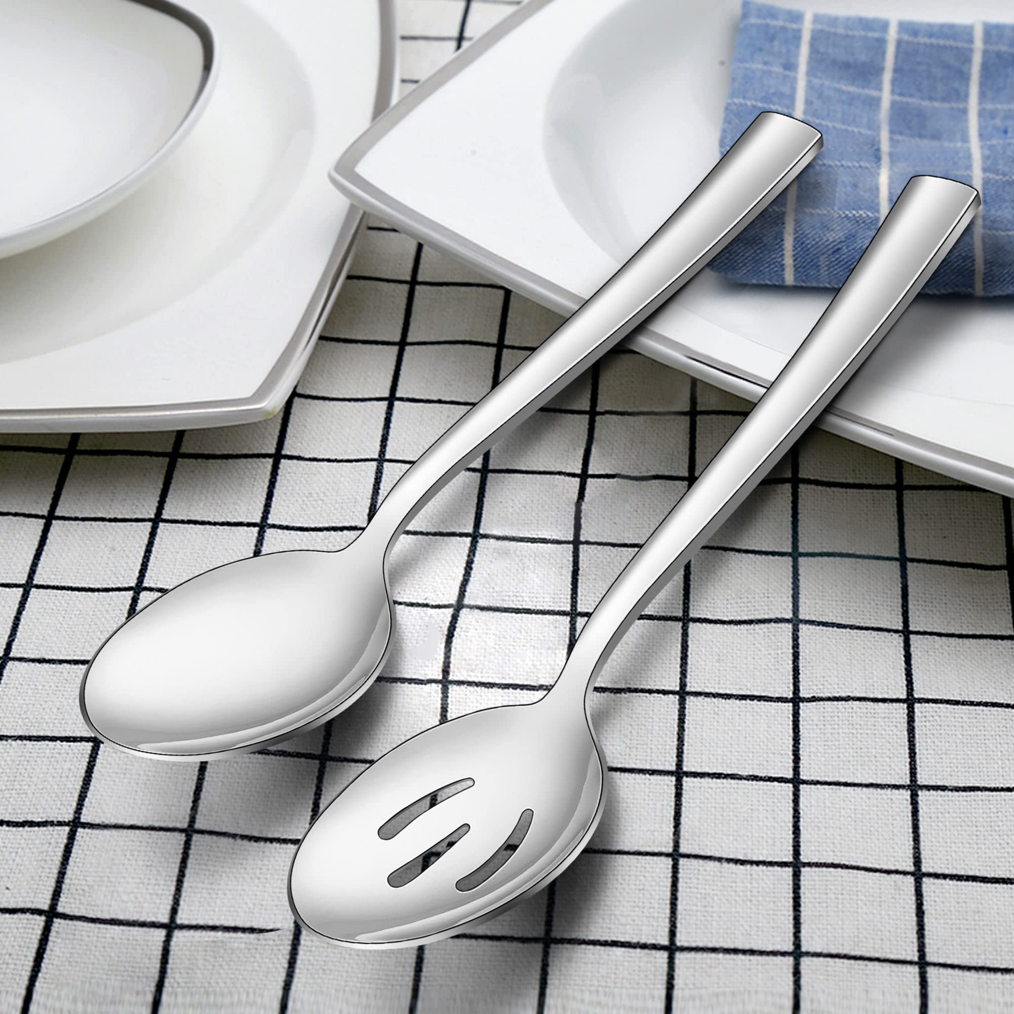 LIANYU 2 cucharas para servir, 2 cucharas ranuradas, 2 tenedores para servir, 8.6 pulgadas de acero inoxidable cucharas de servir tenedores para buffet catering banquete, apto para lavavajillas