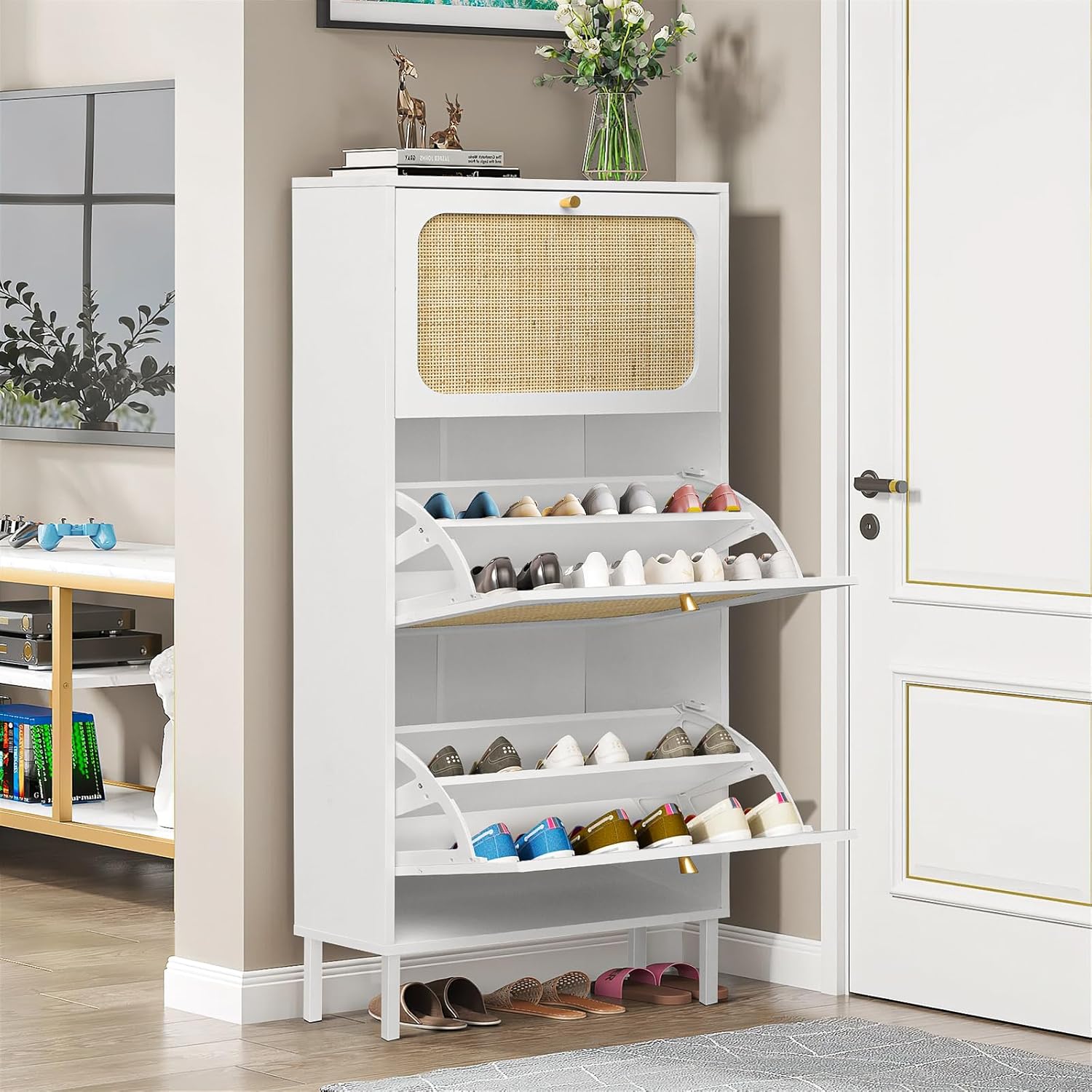 Sweiko 3 Flip Drawer Shoe Natural Rattan Shoe