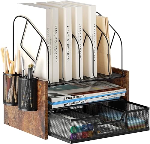 Wood Desk Organizer - 2-Tier Desktop File Organizer with Drawer with Vertical File Holder, Wooden Paper Tray, Office Desk Organzier and Accessories