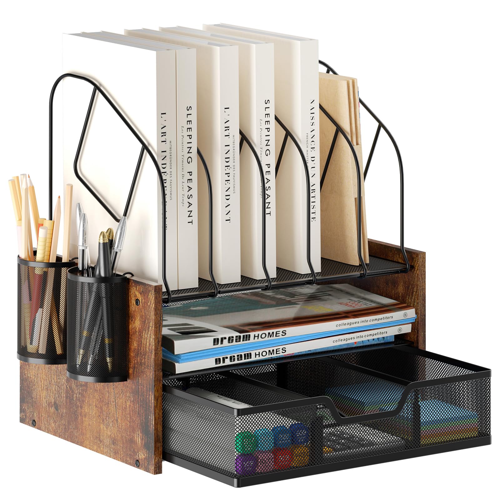 Drewniany organizer na biurko – 3-poziomowy organizer na dokumenty na biurko, drewniana taca na papier, organizer na biurko i akcesoria do papieru, poczty, notebooków, artykułów piśmienniczych