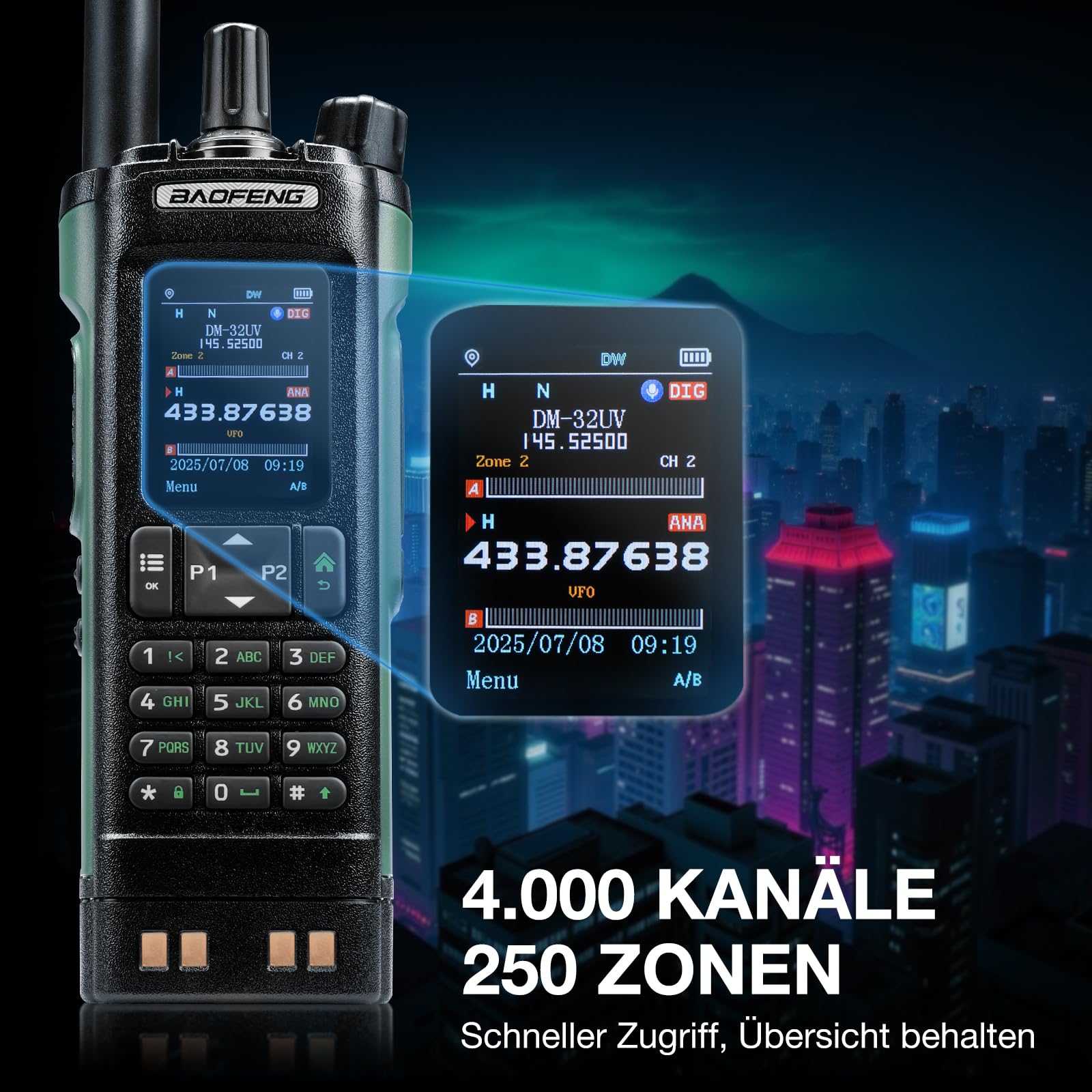 BAOFENG DM-32UV 10W DMR Funkgerät, UHF/VHF/AM/FM Handfunkgerät mit GPS & Digitalem APRS, Tier II Dual Slot, 2" Farbdisplay, 4000 Kanäle, 50K Kontakte, Kofferhalter, Grün
