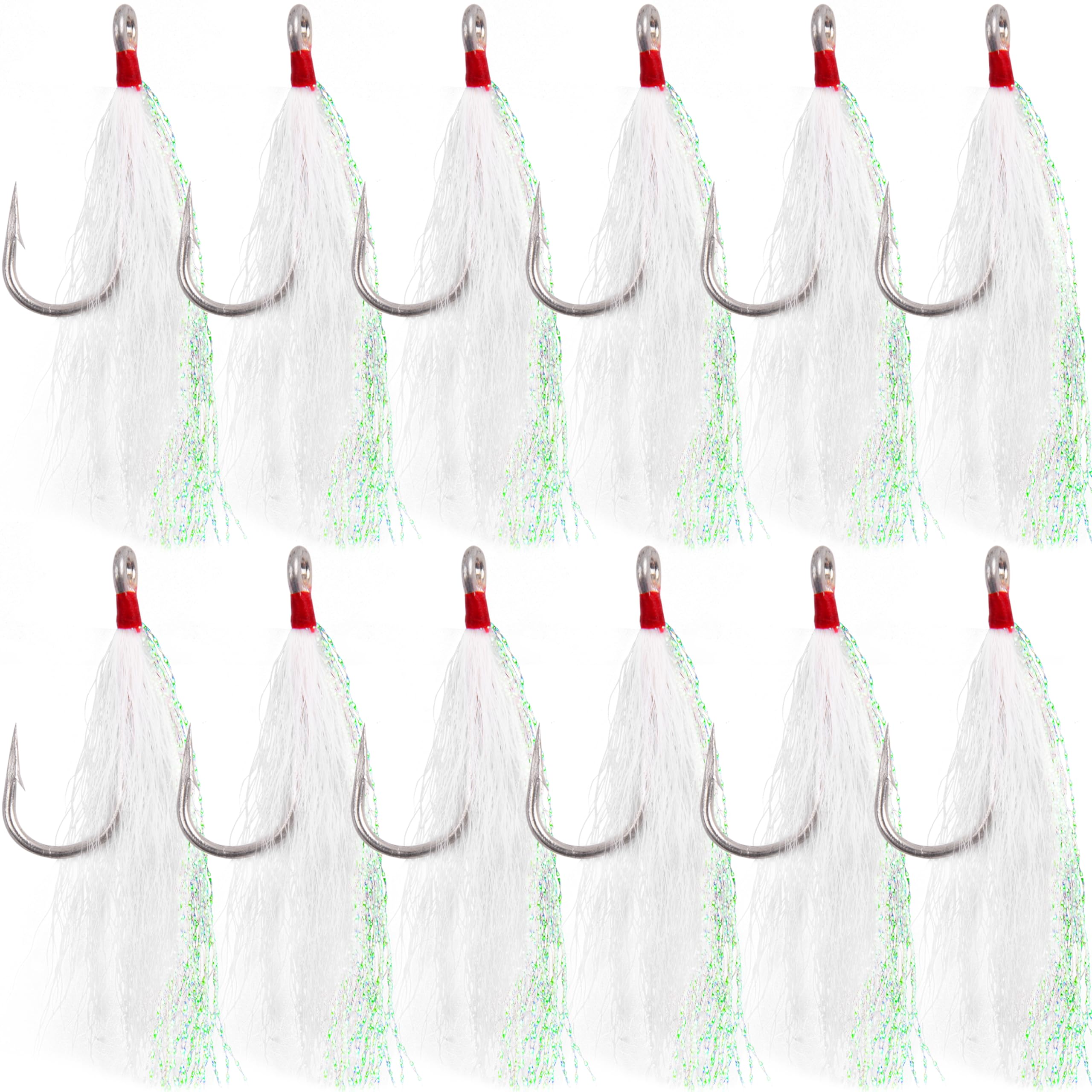 Bucktail Teasers Fishing Hooks Saltwater Fluke Flounder Rig Stainless Steel Fishing Hooks Bucktail Mylar Teasers Inserted for Catfish Cod Flounder Fluke Hi/Lo Rig (White, Stainless Steel-12pcs)