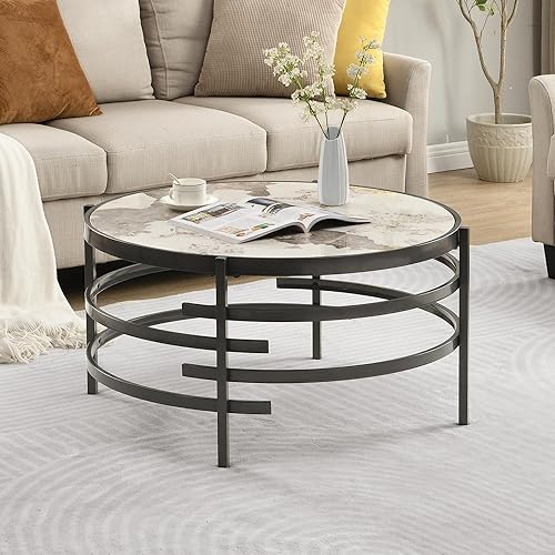 Miniatura 19 de Mesa auxiliar redonda moderna con parte superior de piedra sinterizada, elegante mesa auxiliar de sofá con marco de metal irregular, mesa de centro