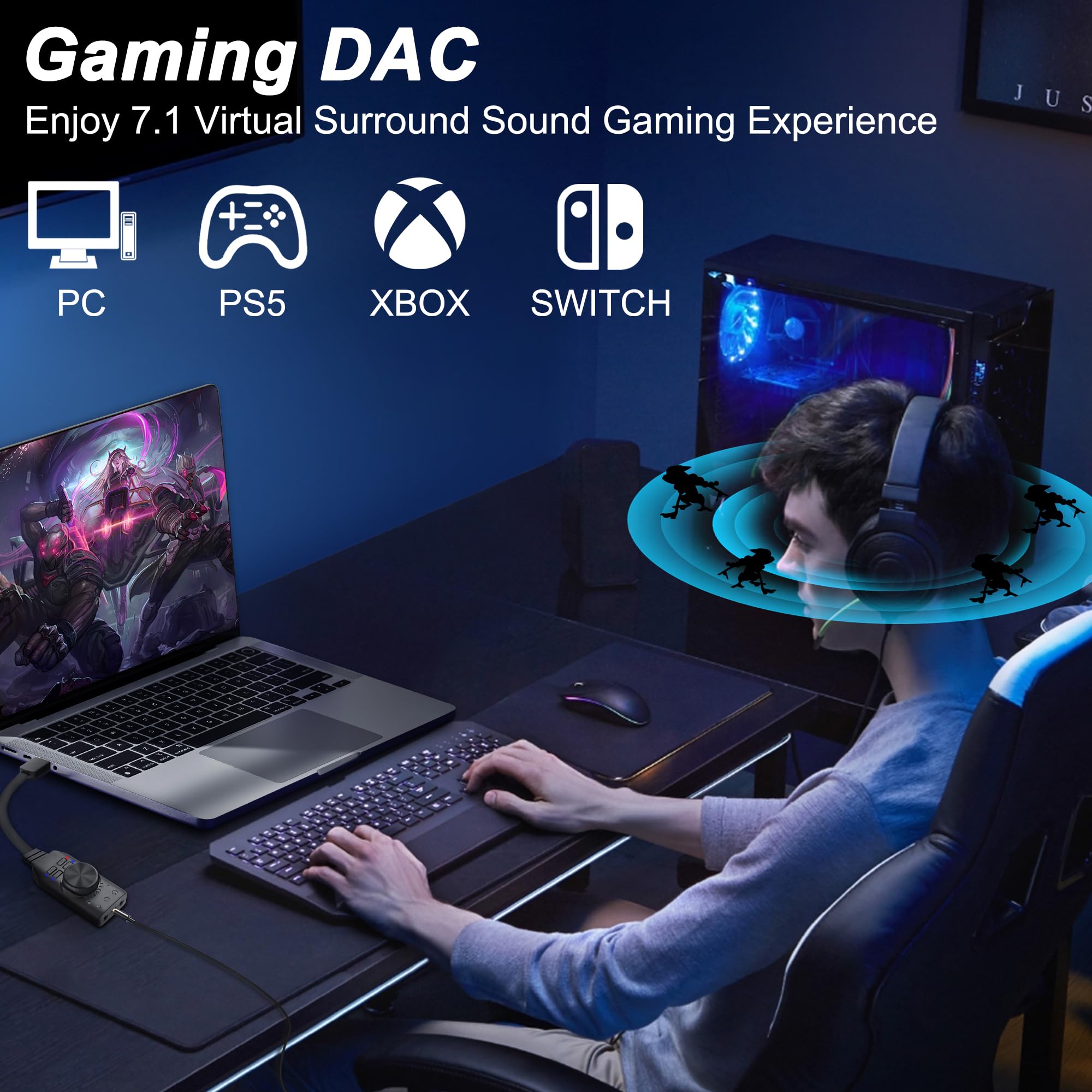 MEIRIYFA Carte son USB externe virtuel 7.1 Surround Sound USB 2.0 Adaptateur avec contrôle du volume pour ordinateur de bureau et portable