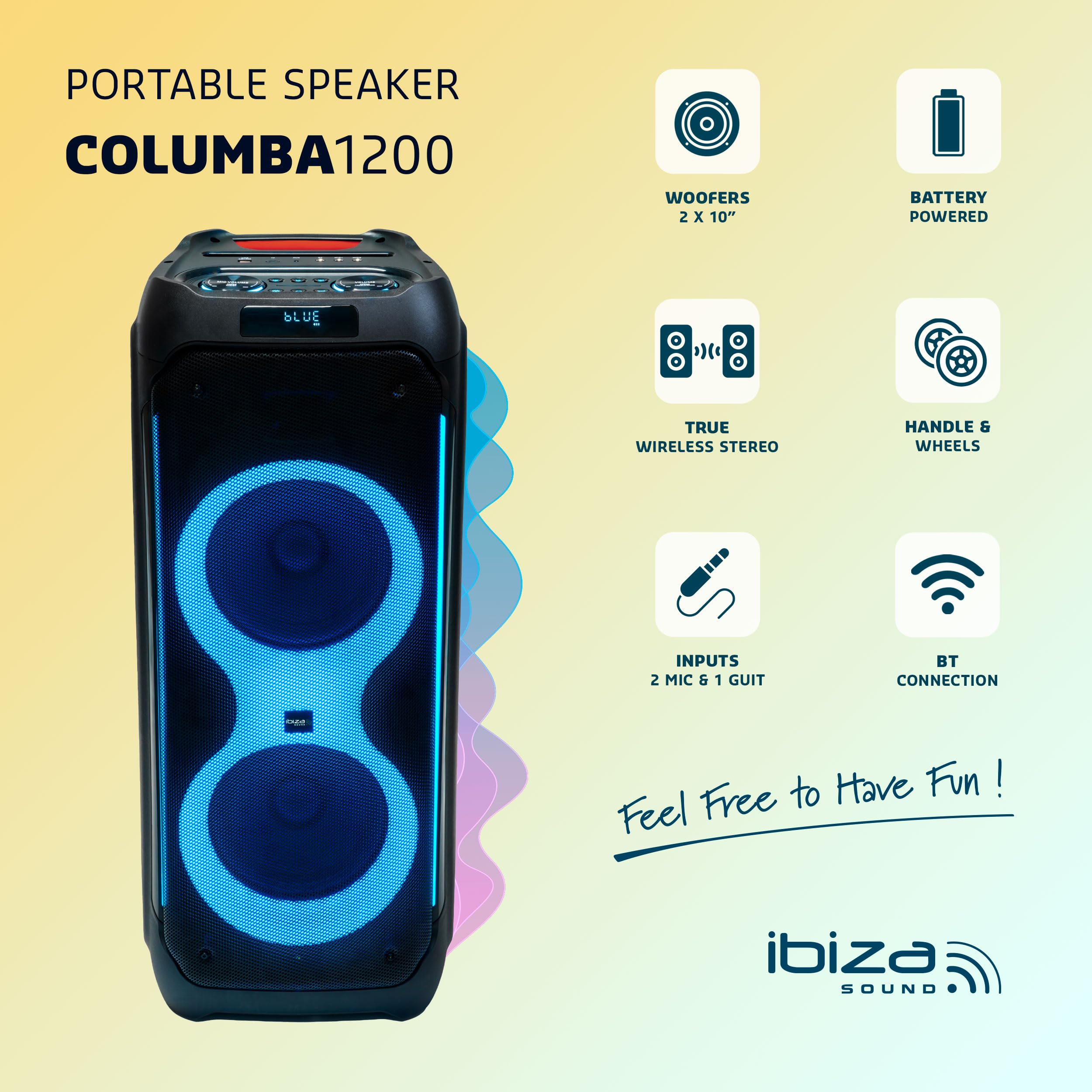 Ibiza - COLUMBA1200 - Altoparlante, potente baffle da 2x10"/25cm con batteria ricaricabile - Bluetooth, Micro-SD, USB, Aux, 2 MIC IN, 1 GT IN - TWS - LED infinito multicolore - Maniglia e ruote